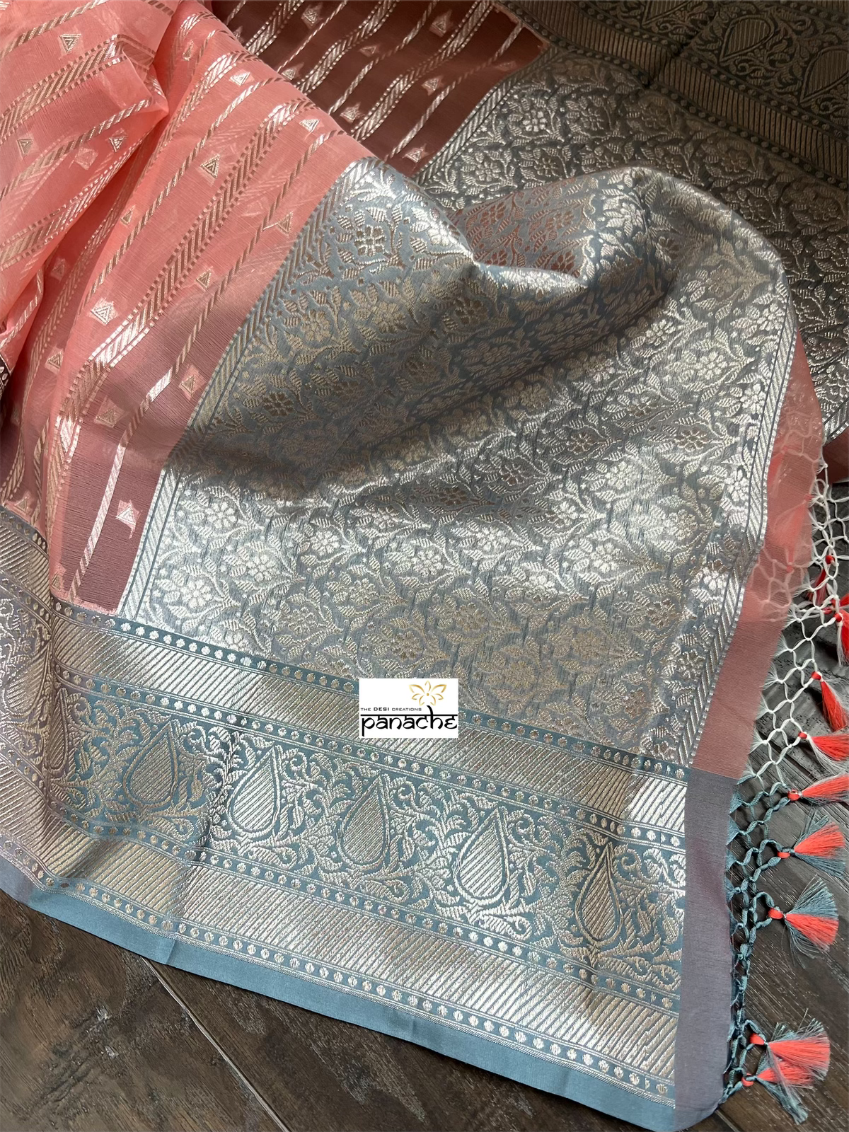 Kora Silk Banaras Chanderi - Peach Grey