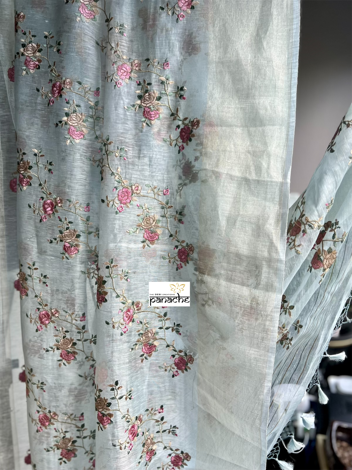Embroidered Linen Silk- Light Blue