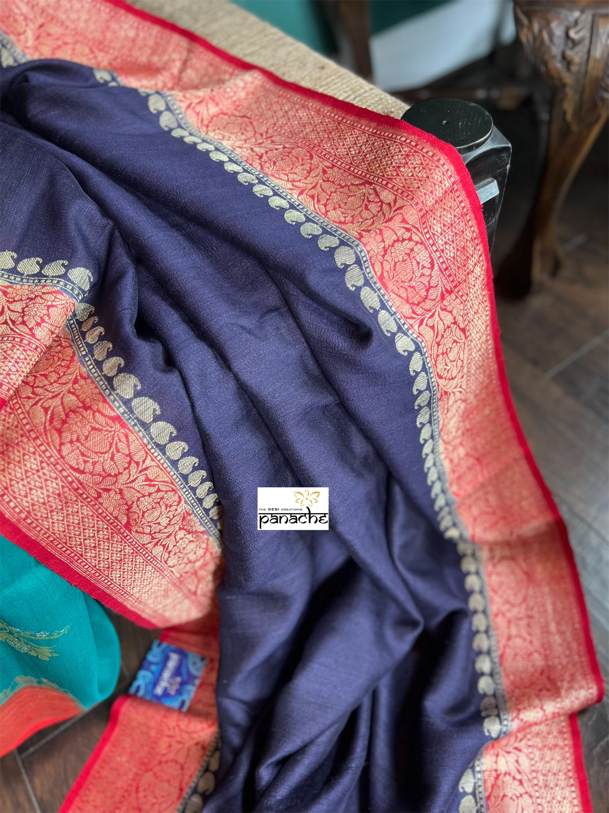 Tussar Georgette Banarasi - Navy Blue Red Kadwa