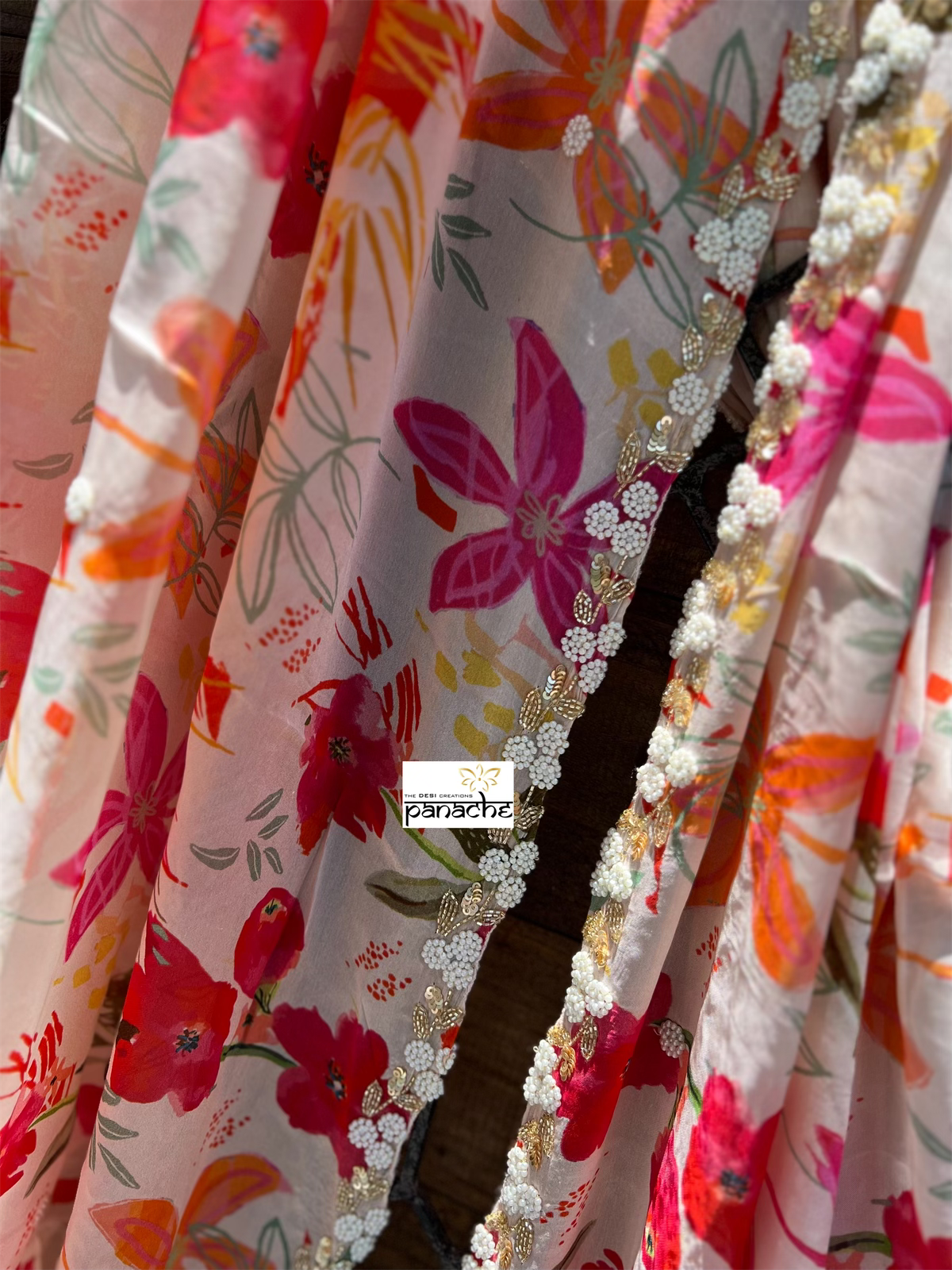 Designer Crepe Chiffon Floral - Light Peach Multi color