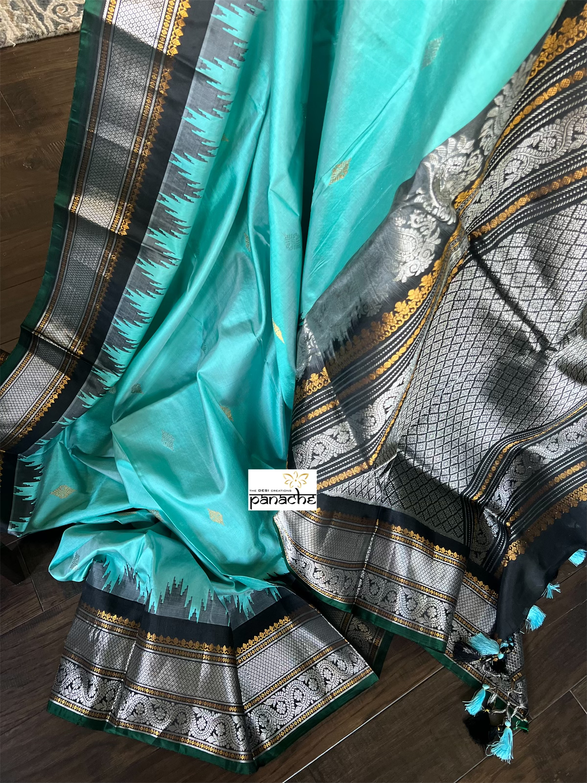 Pure Silk Gadwal - Turquoise Black
