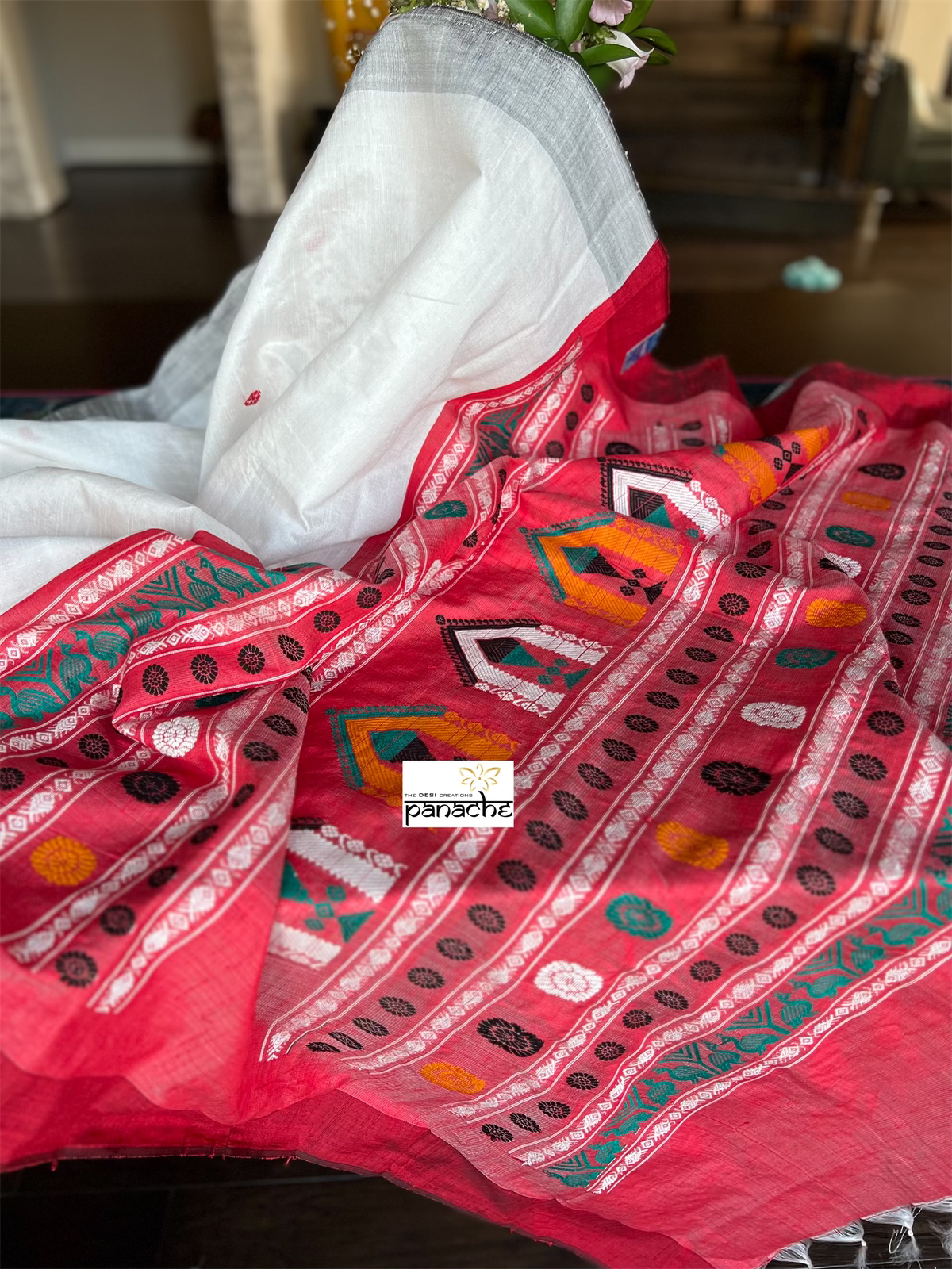 Pure Raw Silk - White Red