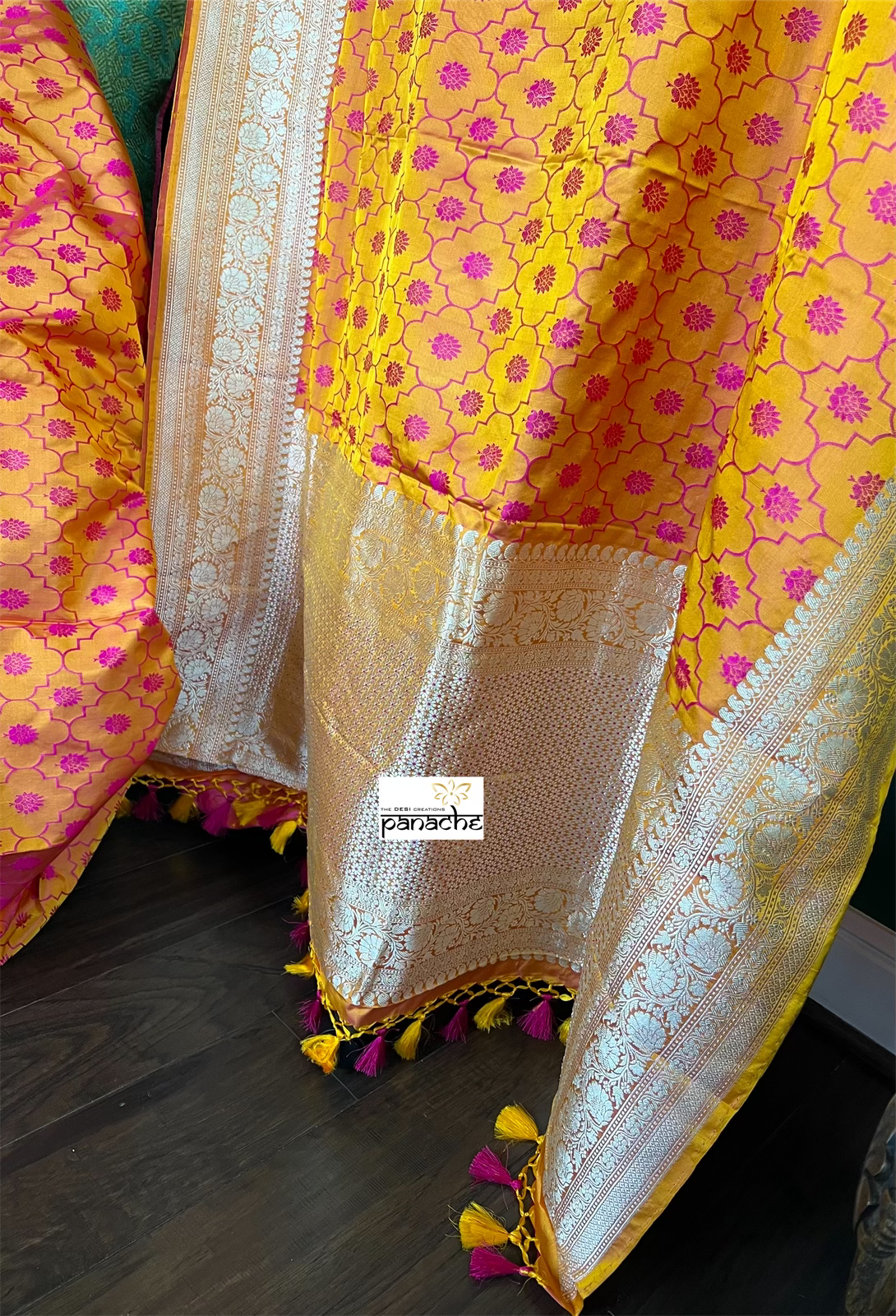 Pure Silk Mashru Silk Banarasi- Mustard Yellow Pink