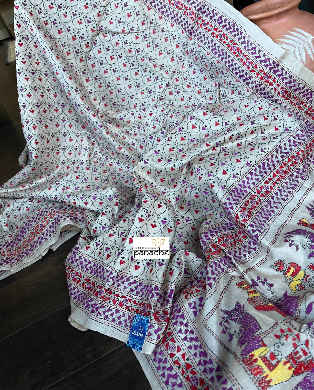 Pure Tussar Silk Kantha Stitch - Beige Purple