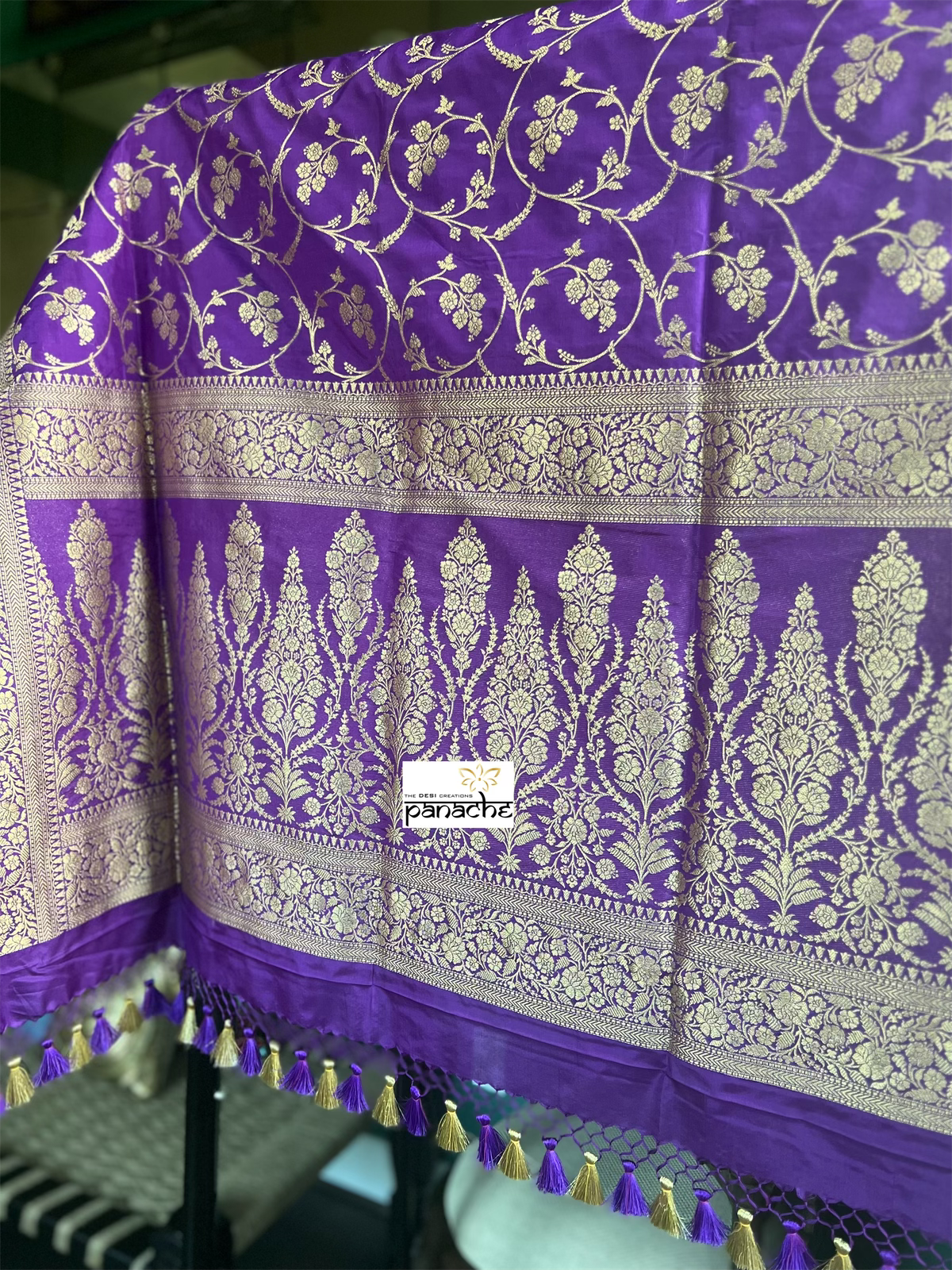 Katan Silk Banarasi - Purple Jaal Woven