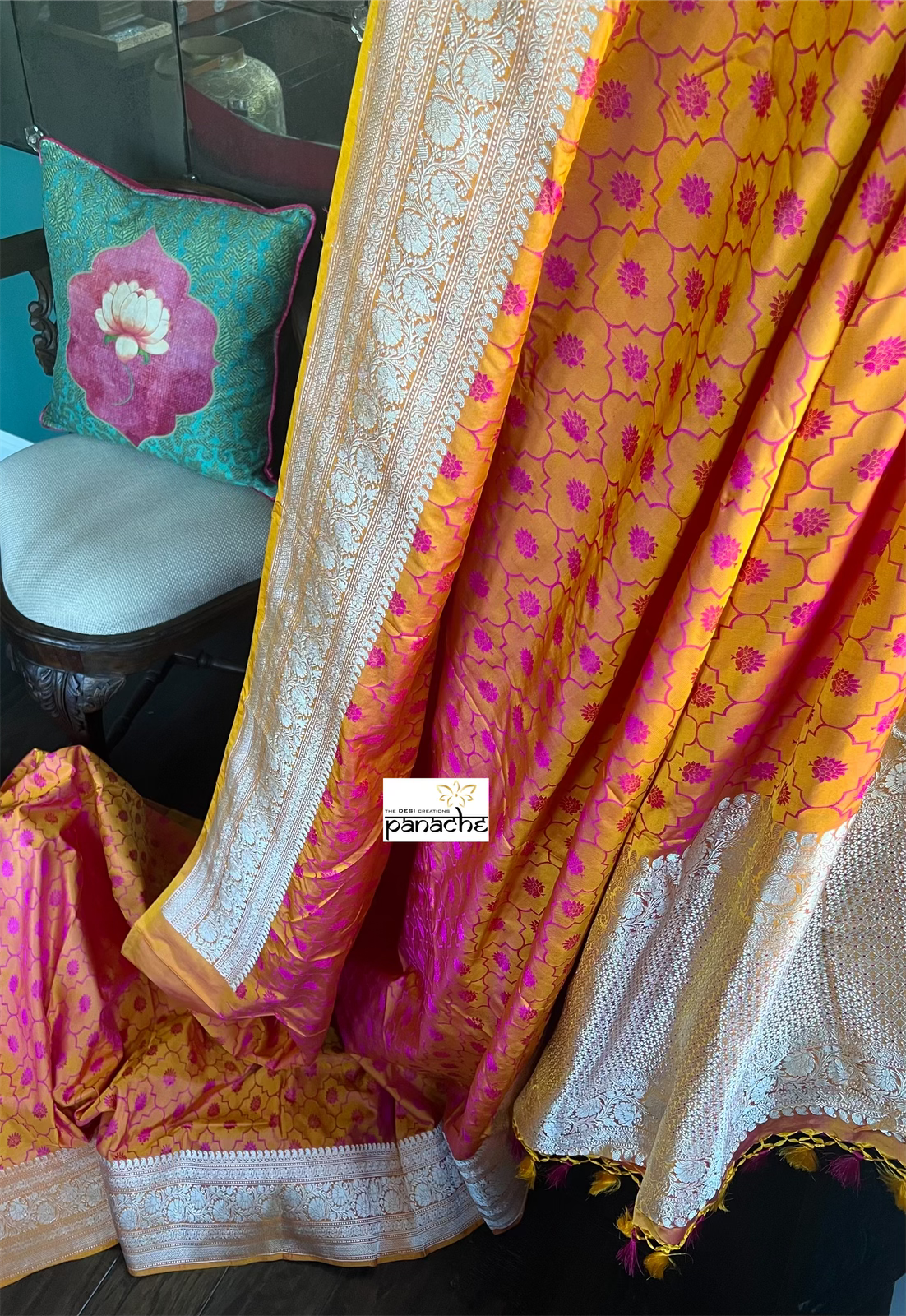 Pure Silk Mashru Silk Banarasi- Mustard Yellow Pink