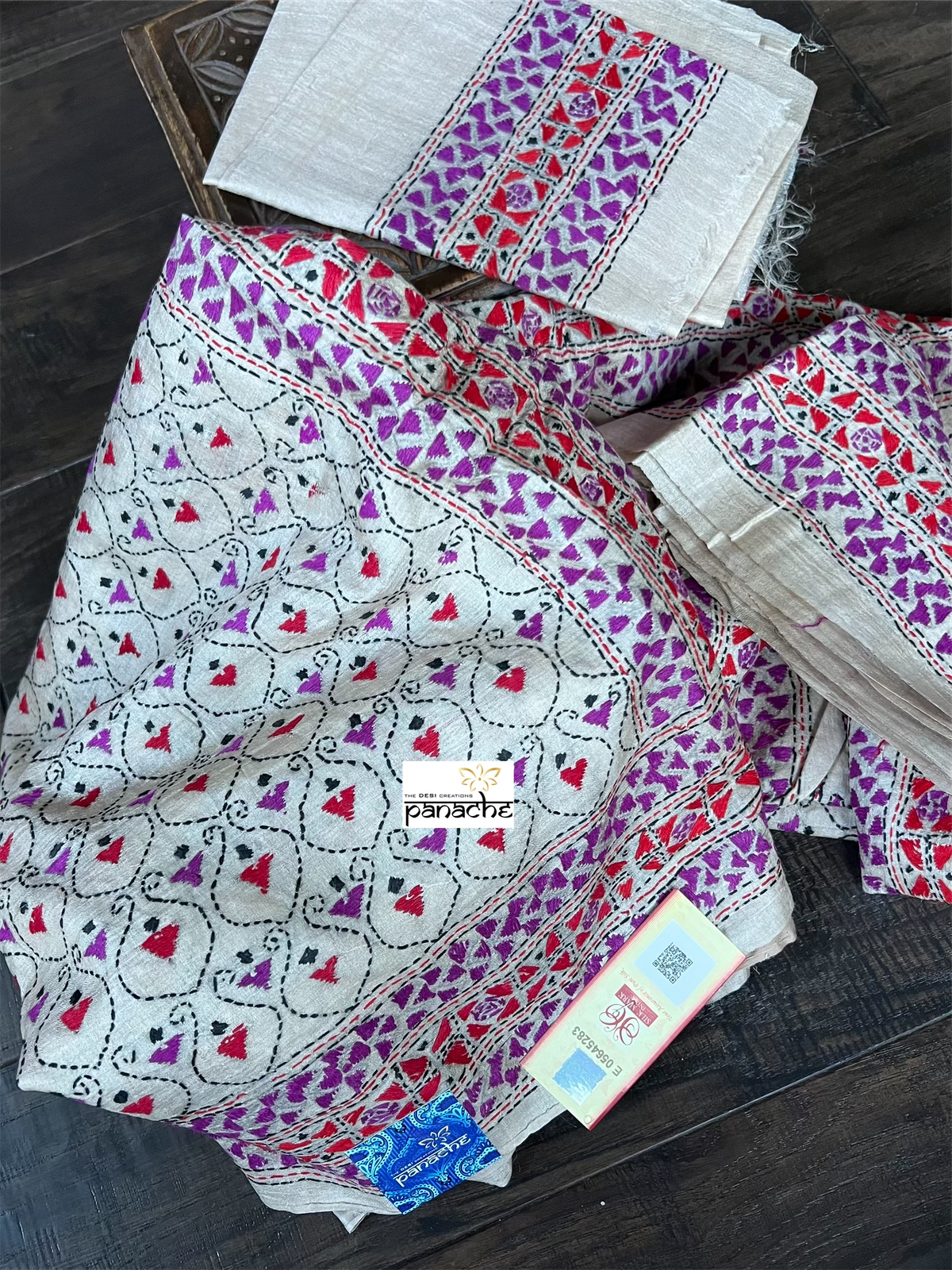 Pure Tussar Silk Kantha Stitch - Beige Purple