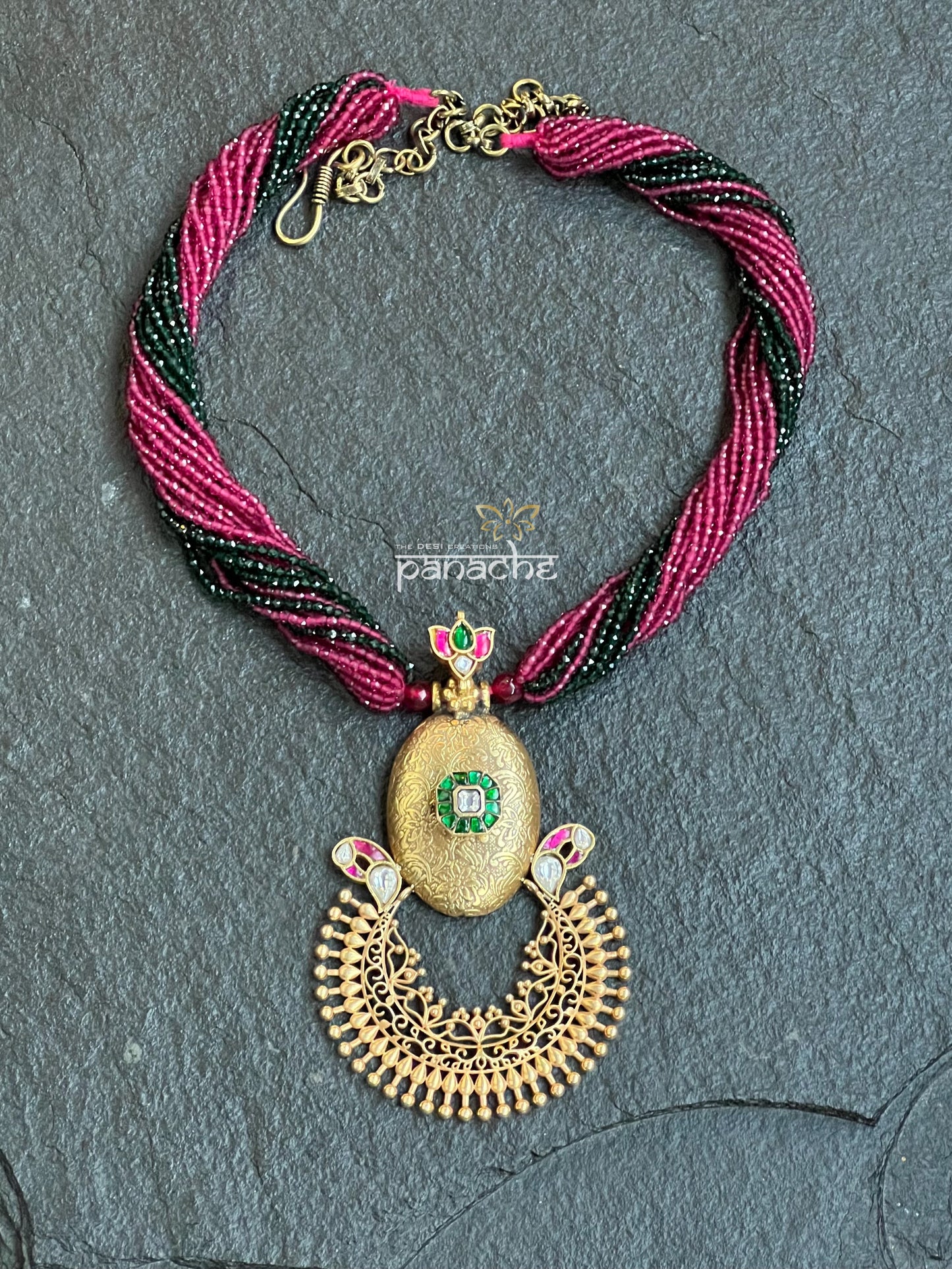 Silver 92.5 Beaded Necklace - Gold Kundan