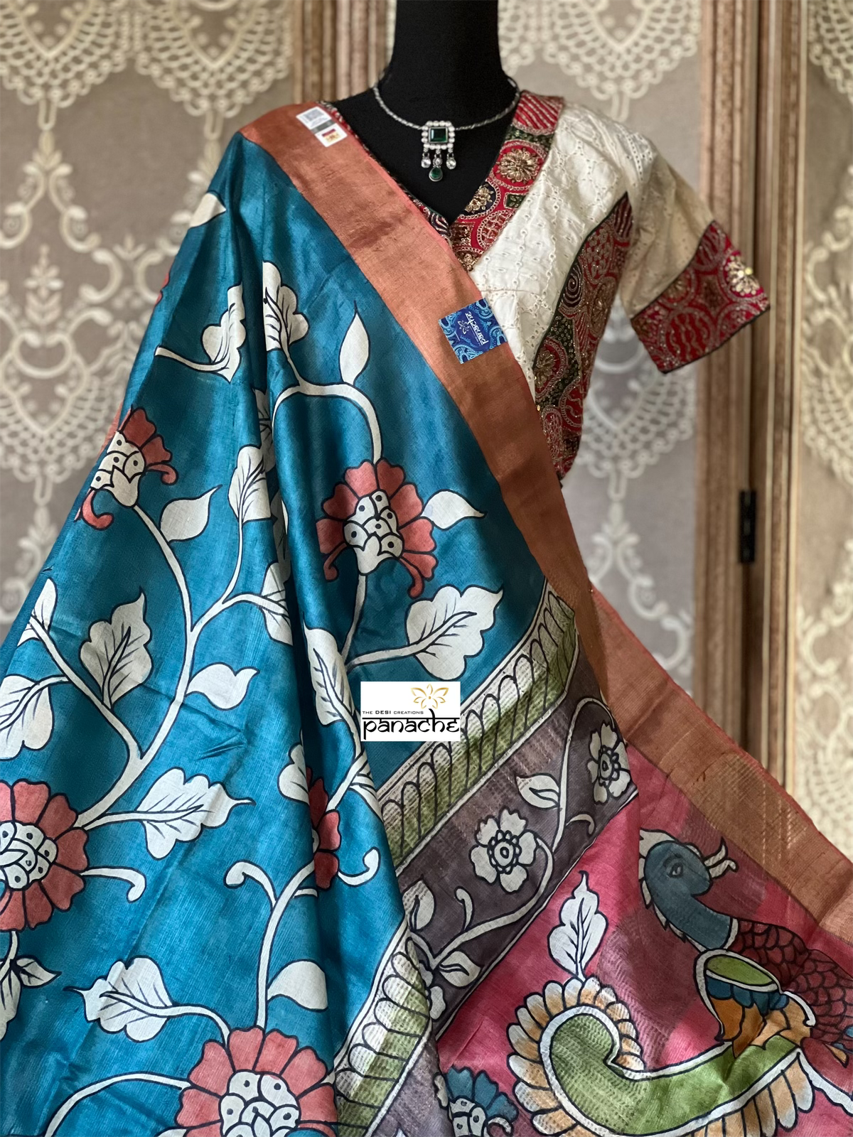 Pen Kalamkari Tussar Silk - Cobalt Blue Peach