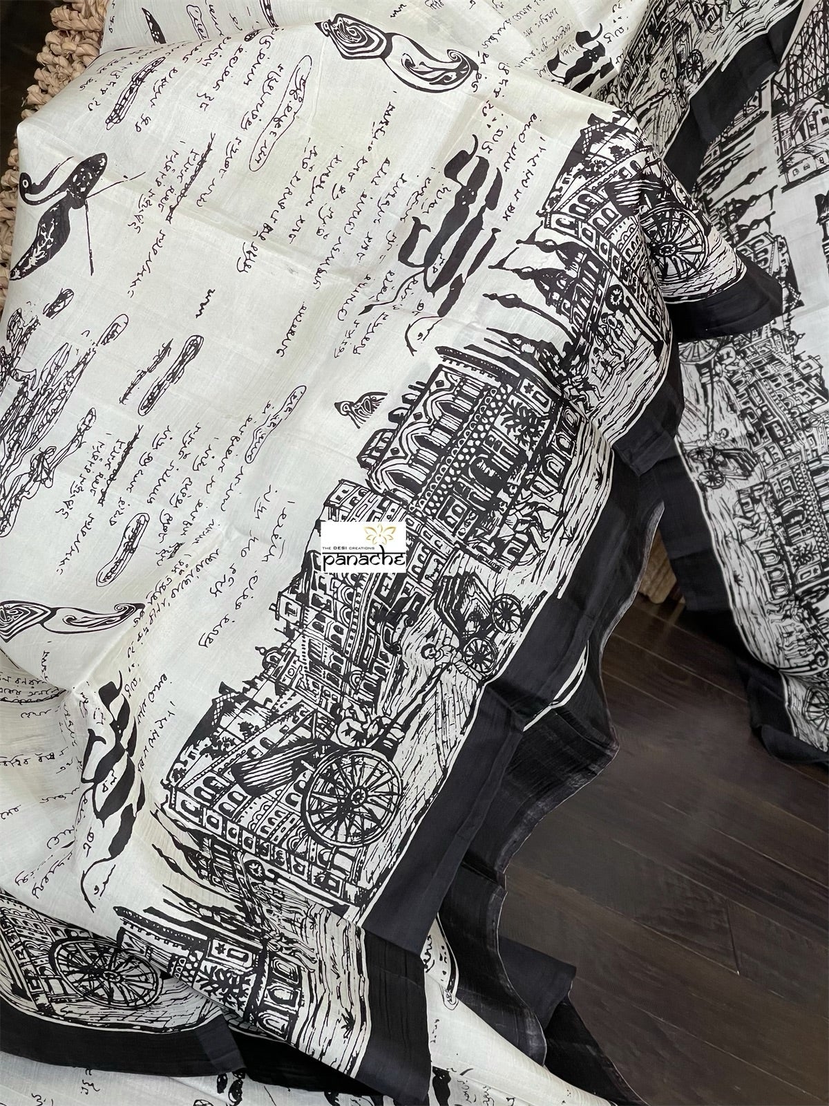 Pure Vishnupur Katan Silk -  Off White Black Kolkata Printed