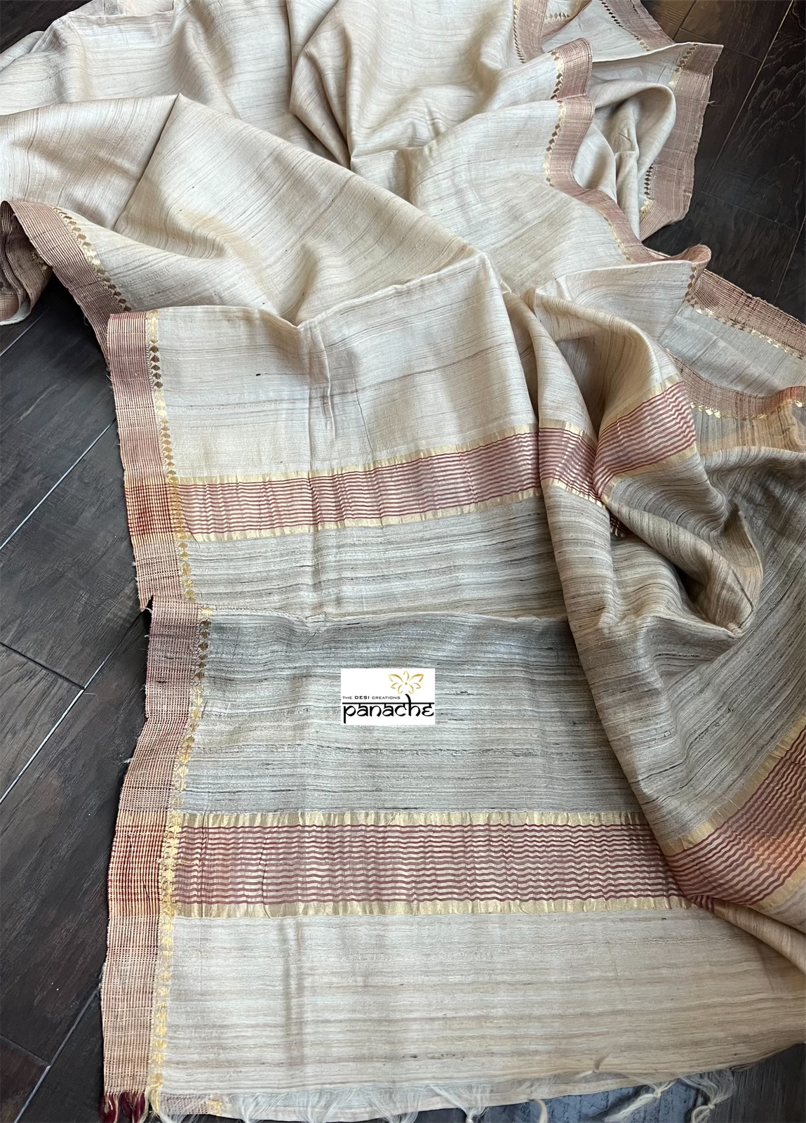 Pure Tussar Silk - Beige Maroon