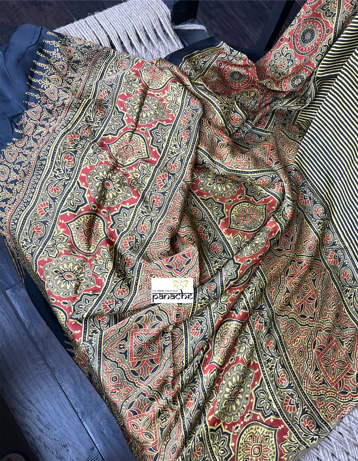 Modal Silk Ajrakh - Greenish Yellow Black Striped