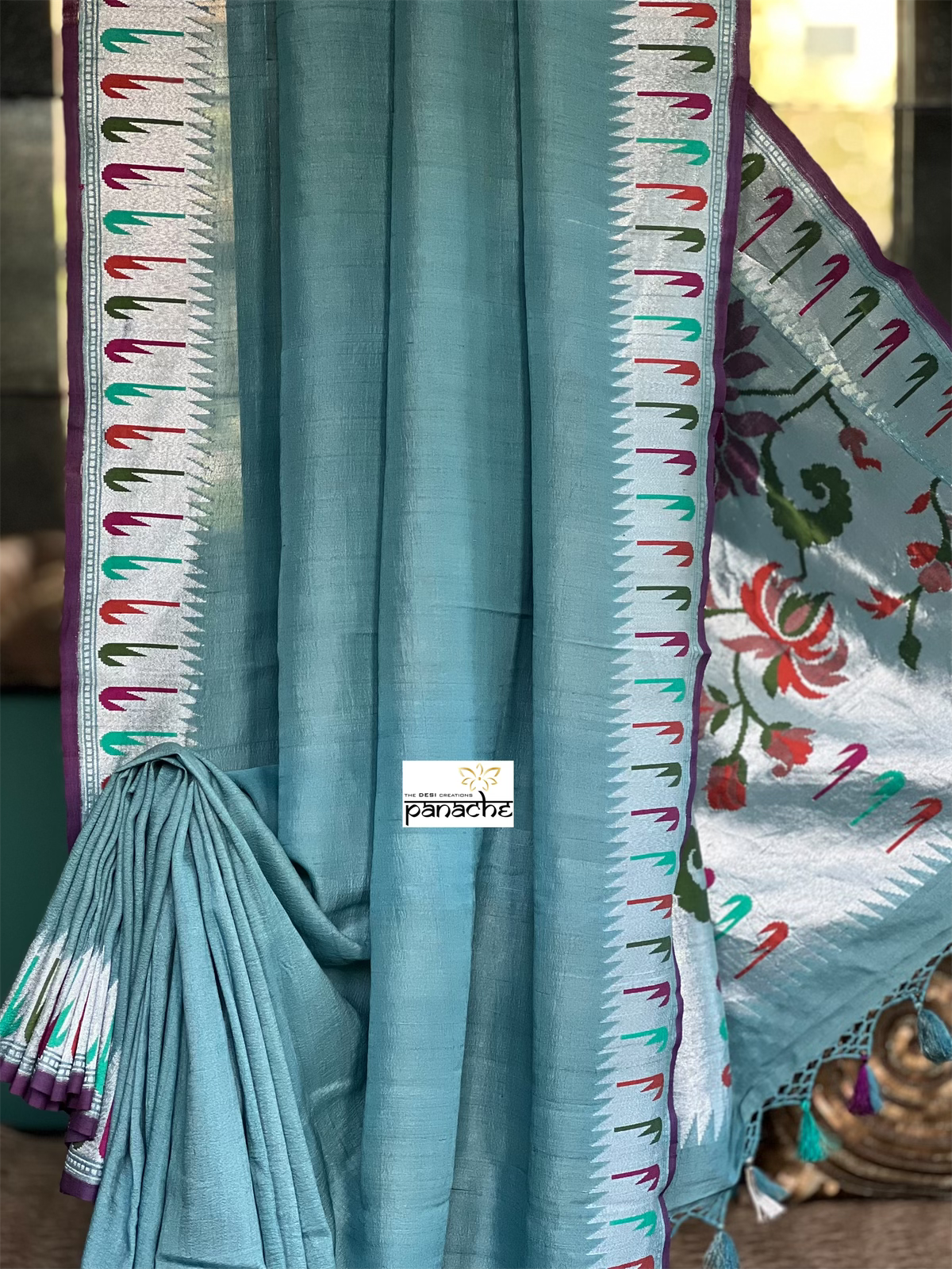 Tussar Georgette Banarasi- Teal Blue Grey Antique Silver