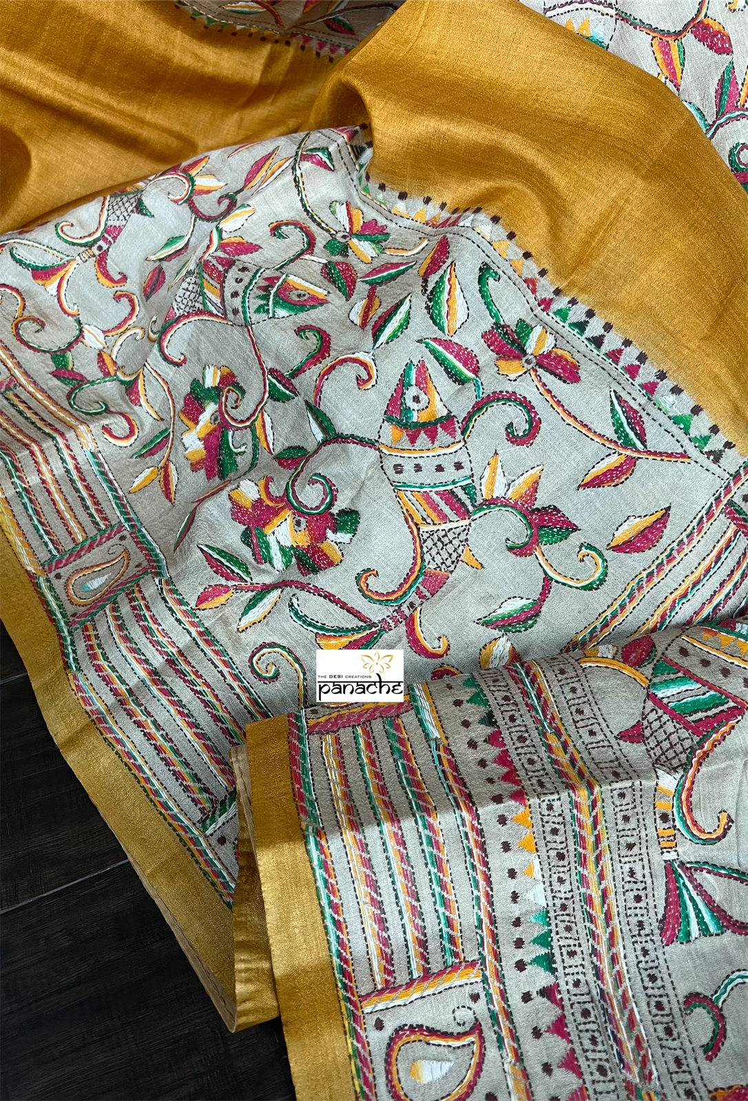 Pure Tussar Silk Kantha Stitch - Yellow Fish