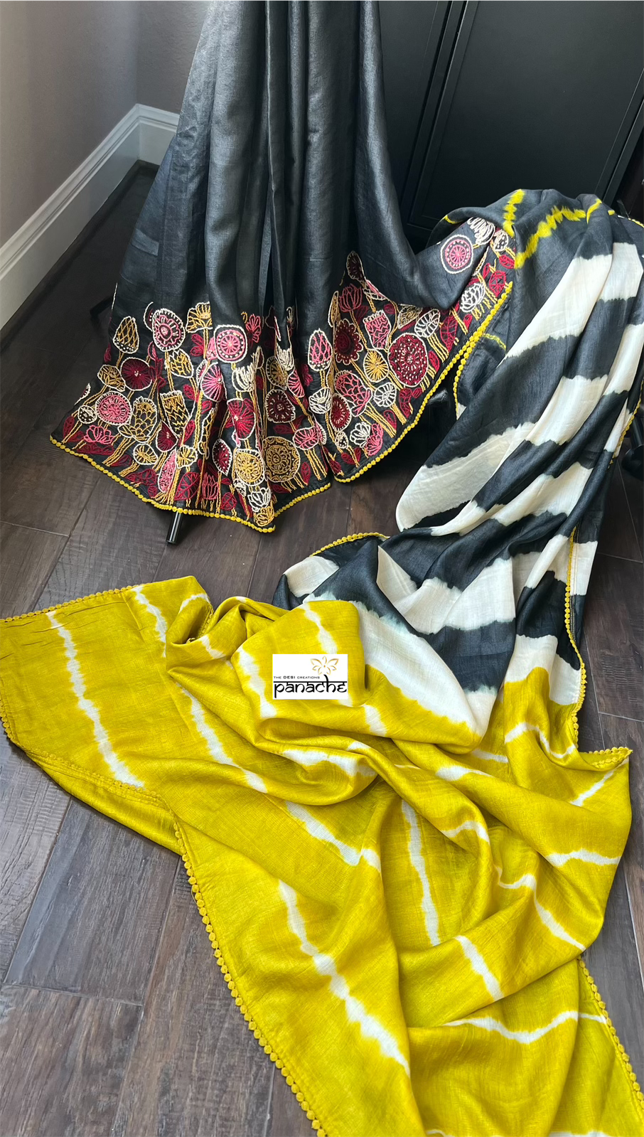 Pure Tussar Silk - Black Lime Yellow Embroidered