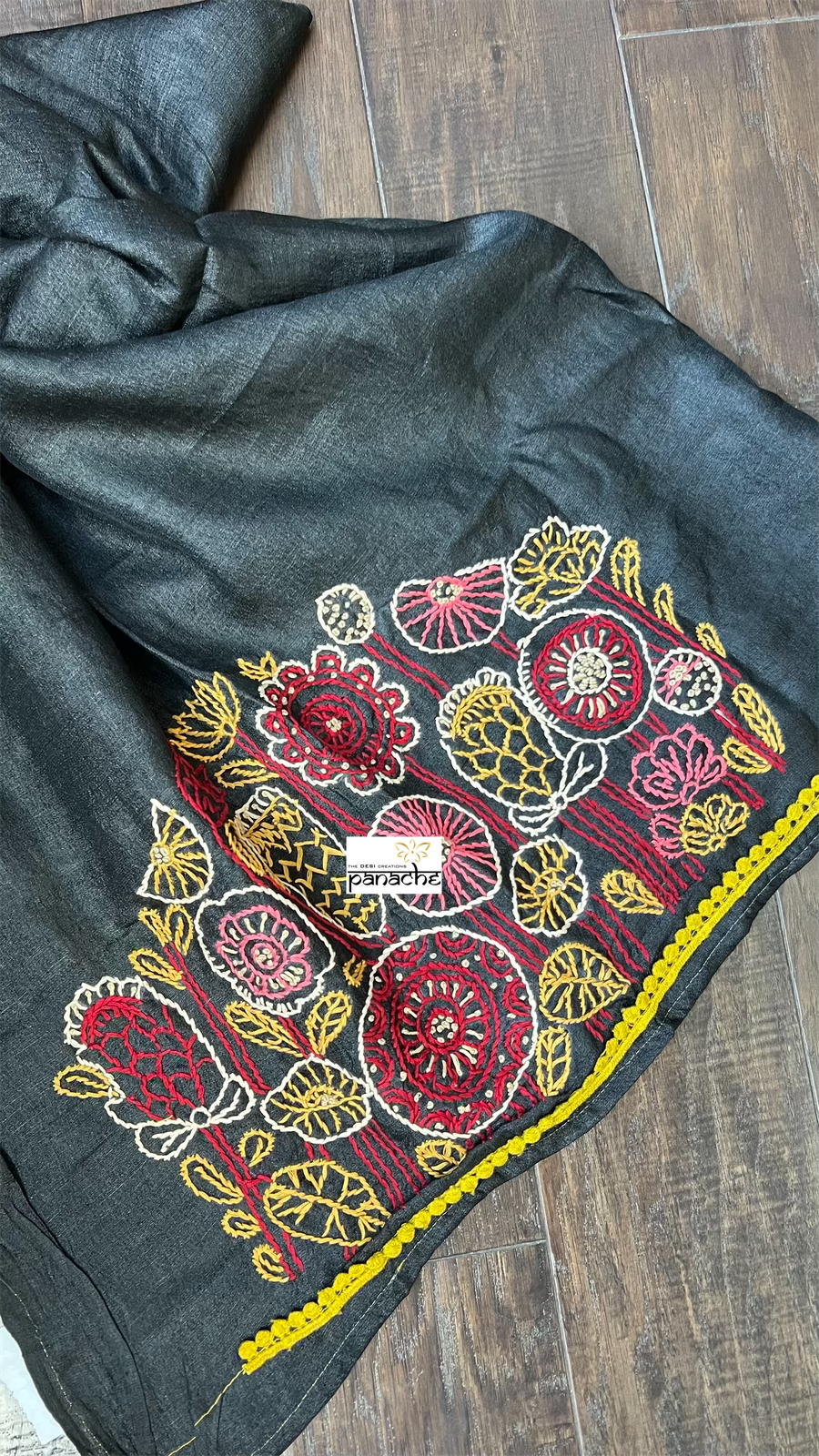 Pure Tussar Silk - Black Lime Yellow Embroidered