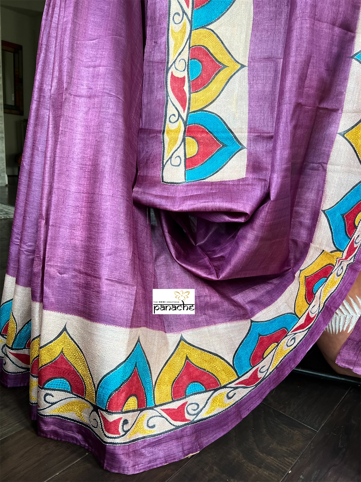 Pure Tussar Silk Sujni Kantha Stitch - Purple Elephant