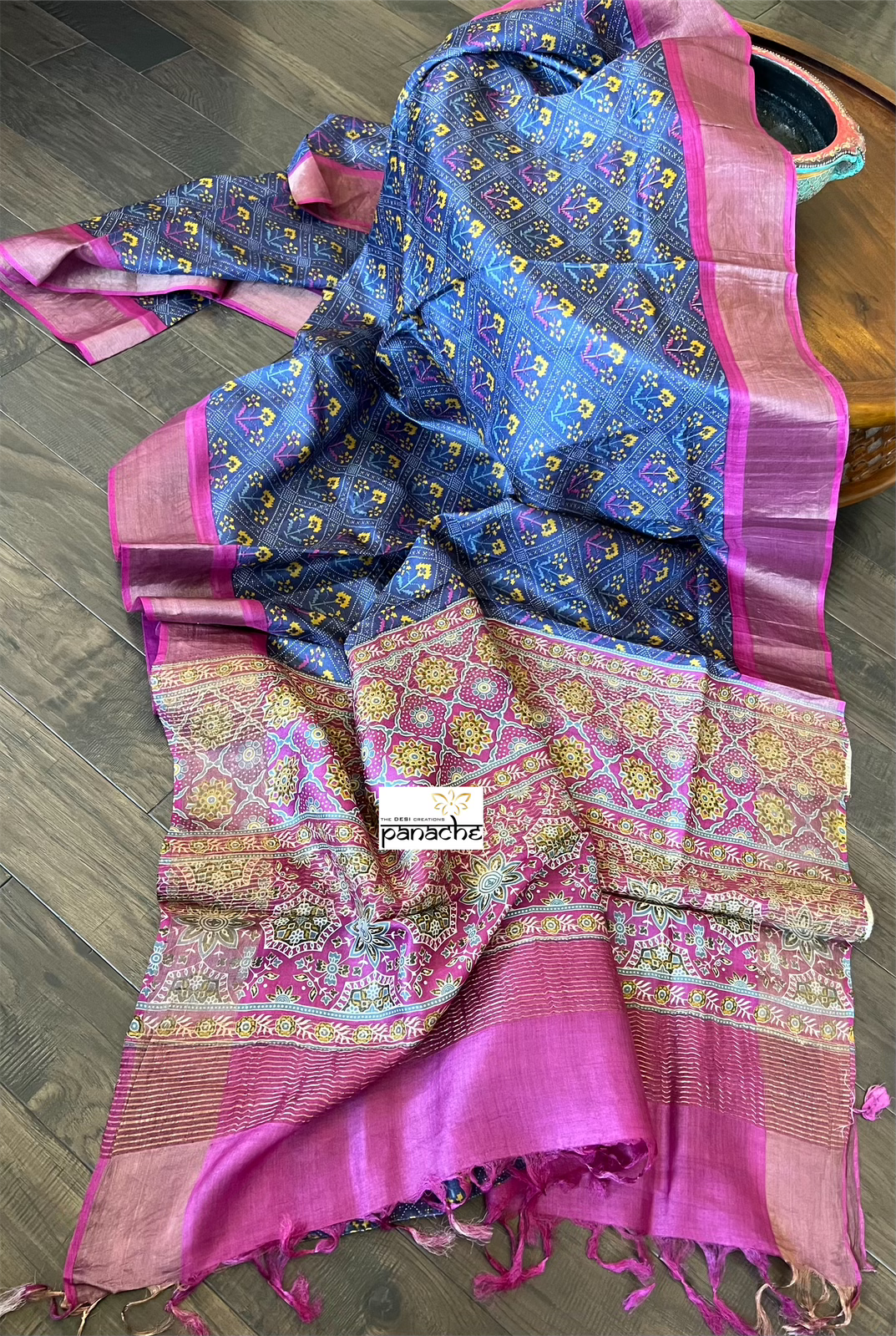 Pure Tussar Silk Digital Printed -  Blue Magenta Patola