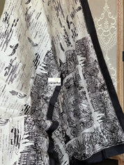 Pure Vishnupur Katan Silk -  Off White Black Kolkata Printed