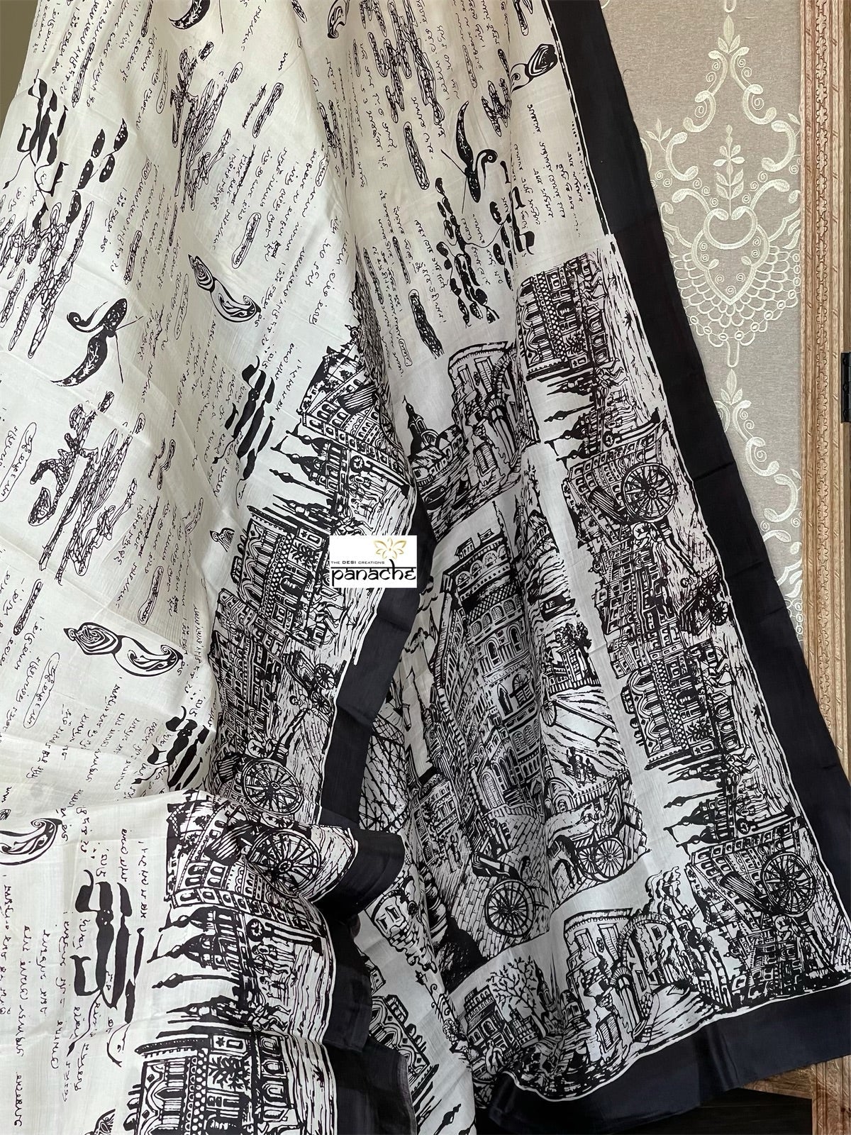 Pure Vishnupur Katan Silk - Ivory Black Kolkata Printed