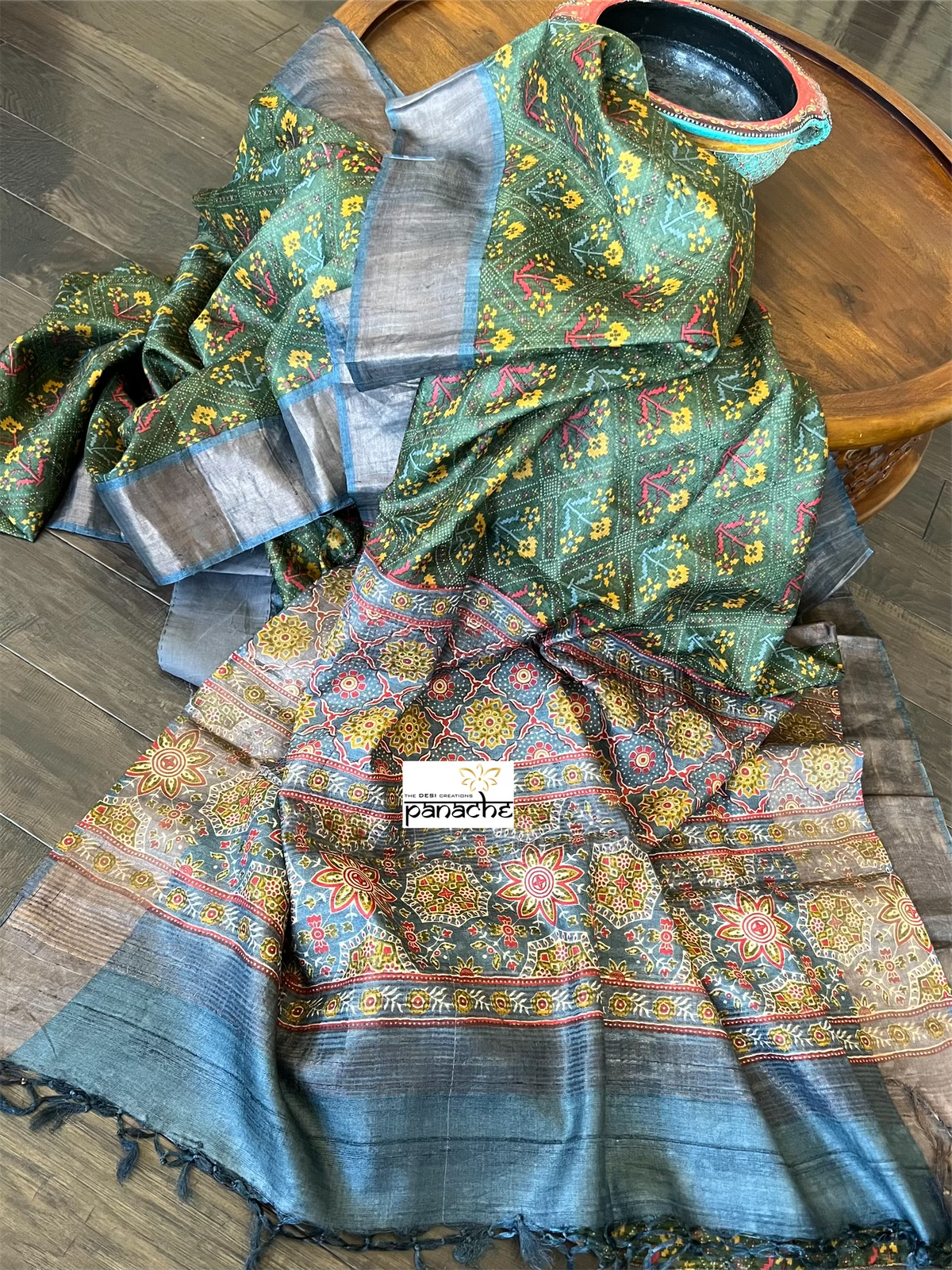 Pure Tussar Silk Digital Printed - Green Grey Patola