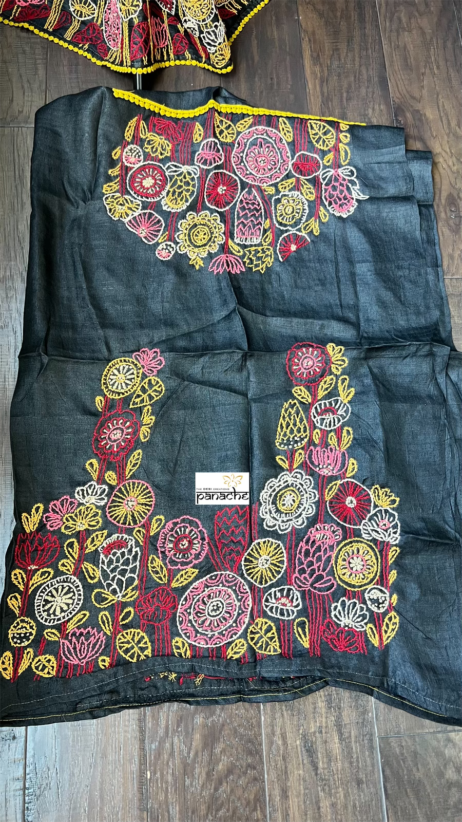 Pure Tussar Silk - Black Lime Yellow Embroidered