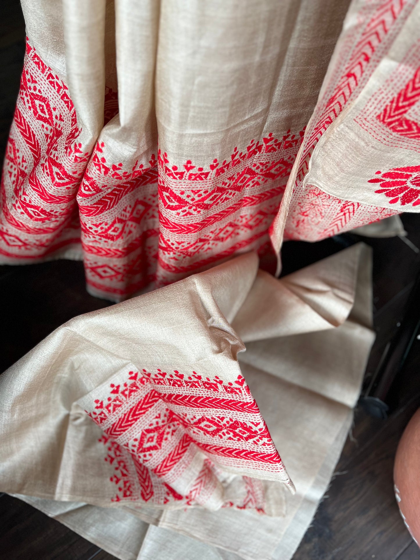 Pure Tussar Silk Kantha Stitch - Beige Red