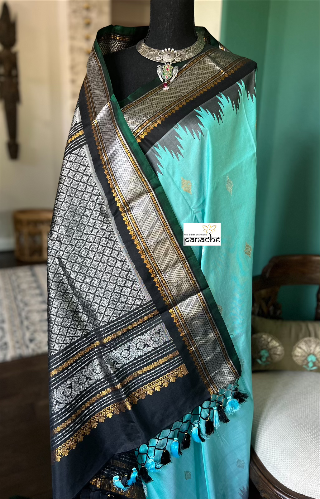 Pure Silk Gadwal - Turquoise Black