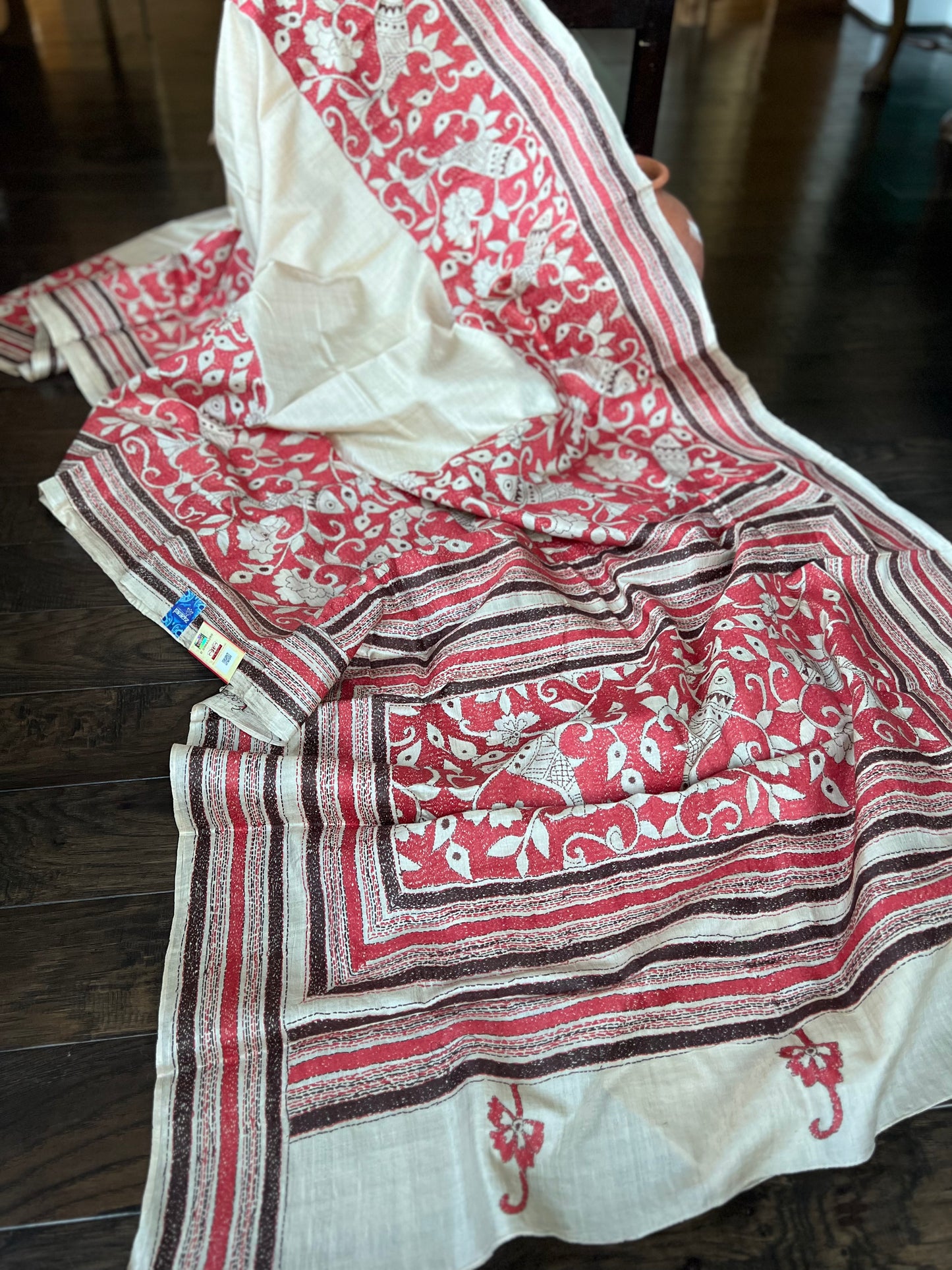 Pure Tussar Silk Kantha Stitch - Beige Red Fish