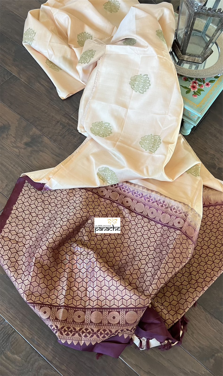 Pure Silk Kanjivaram - Light Peach Cream Wine