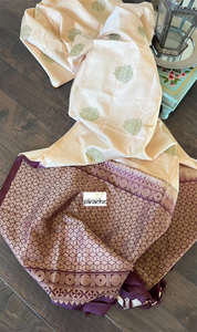 Pure Silk Kanjivaram - Light Peach Cream Wine