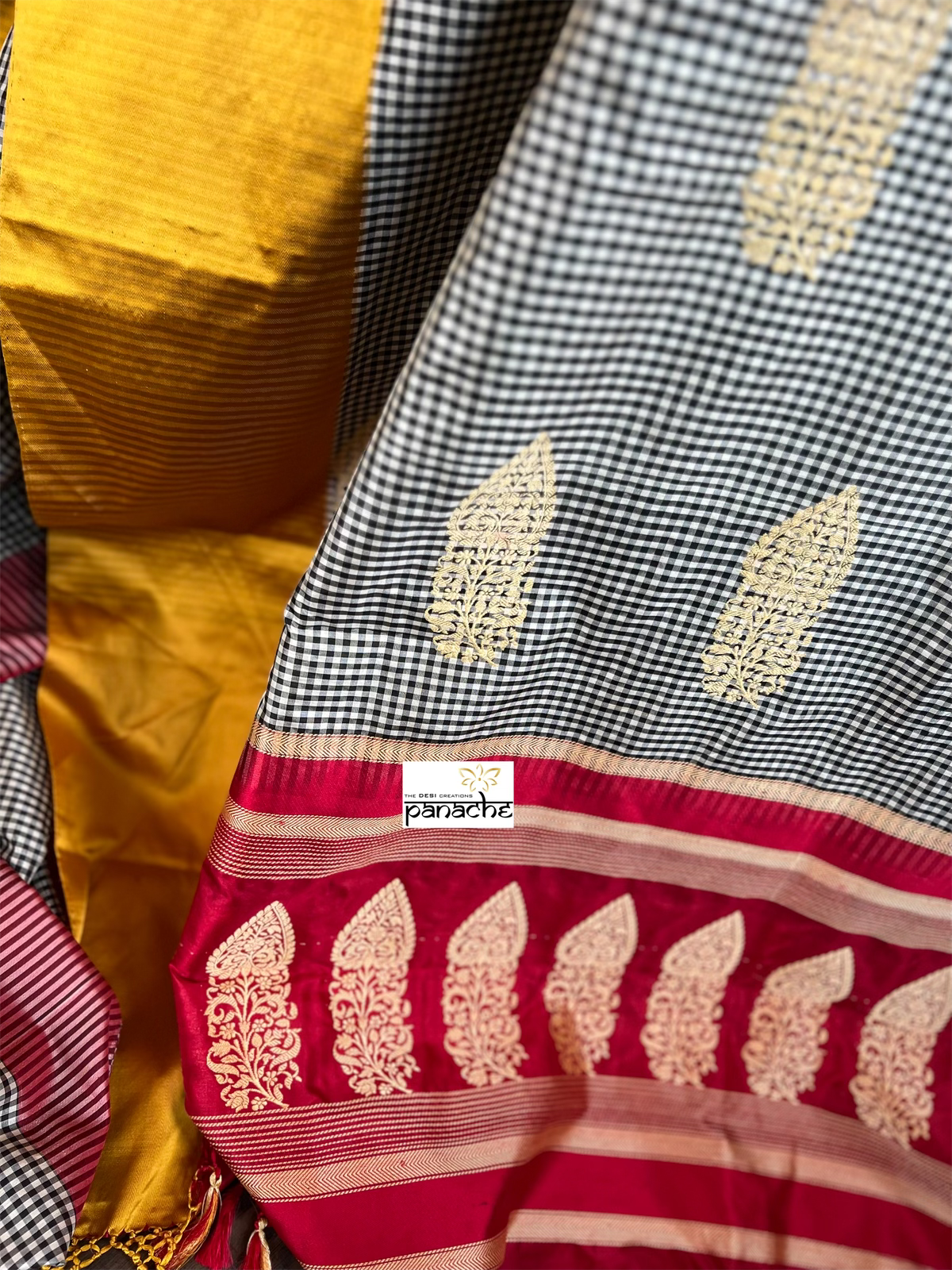 Katan Silk Banarasi - Black Red Yellow Checkered Kadwa