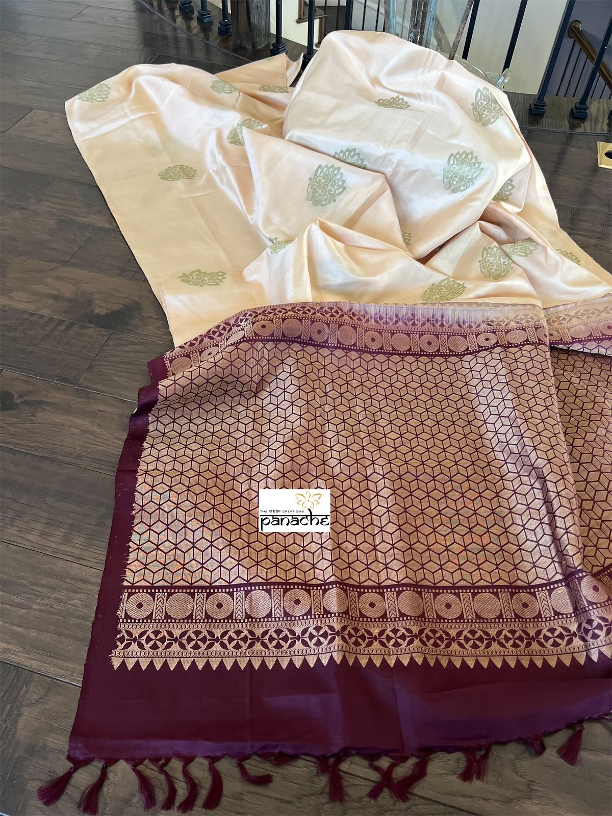 Pure Silk Kanjivaram - Light Peach Cream Wine