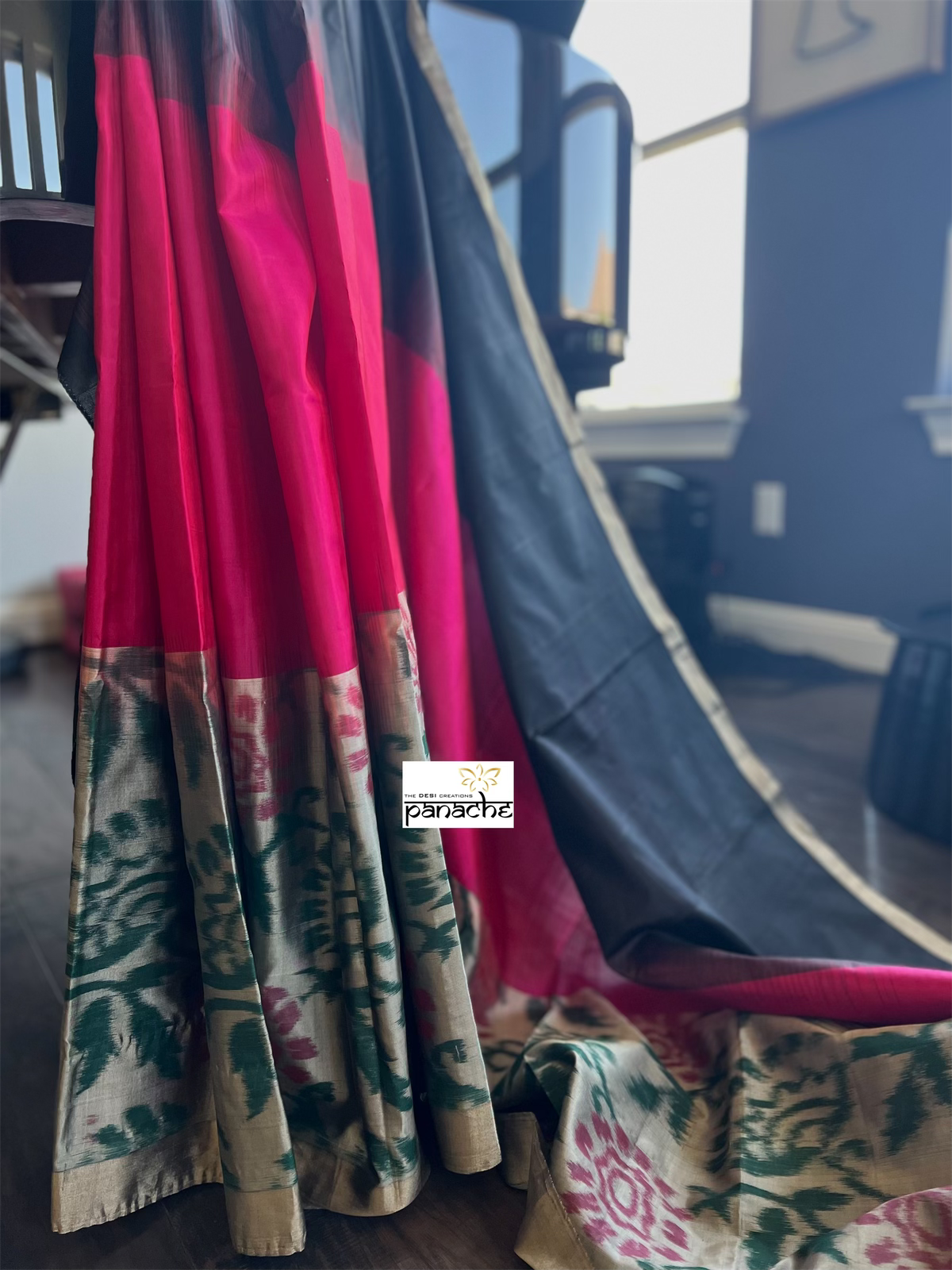 Pure Silk Kanjivaram - Black Magenta Ikat Woven