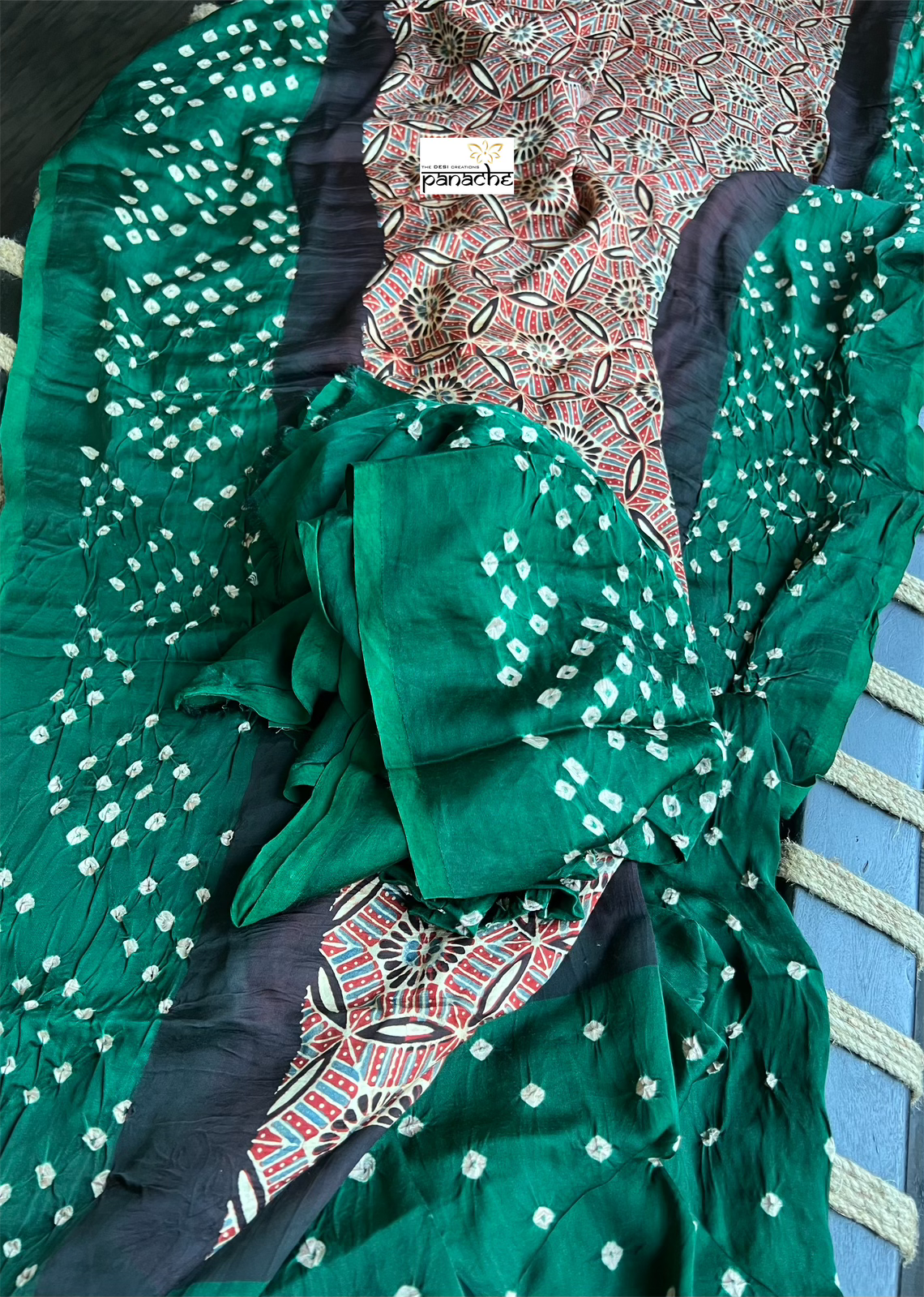 Modal Silk Ajrakh Bandhej - Maroon Green