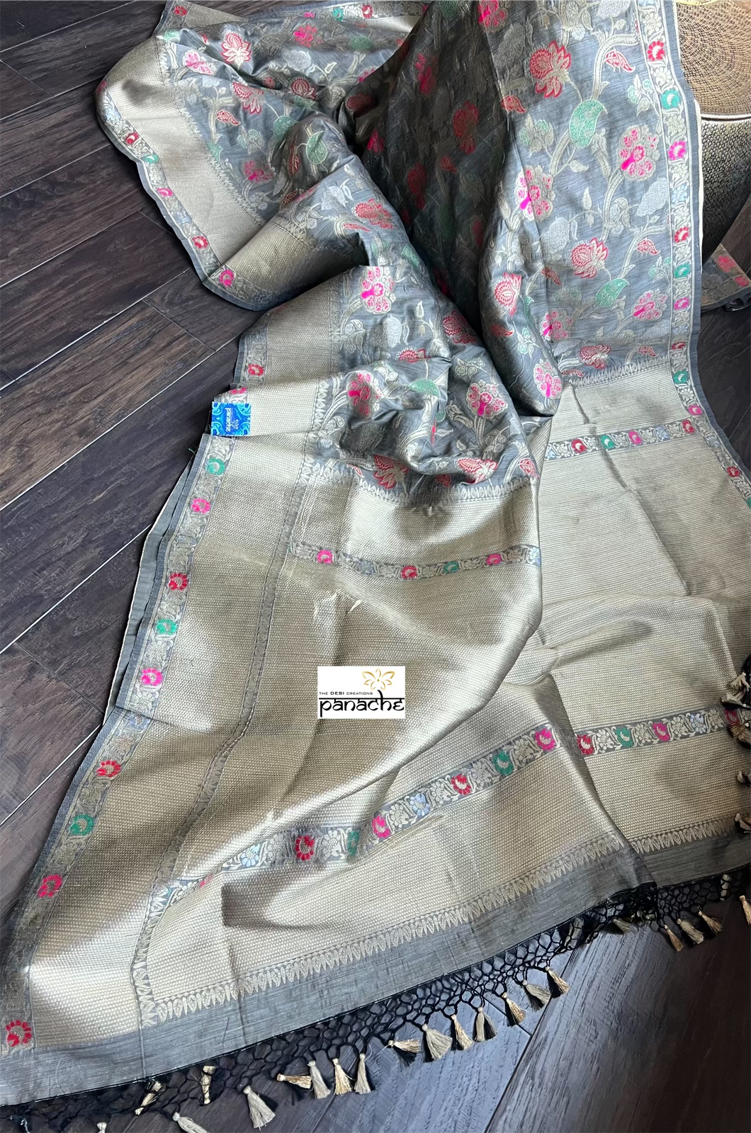 Soft Muga Tussar Banarasi - Grey Meenakari Woven