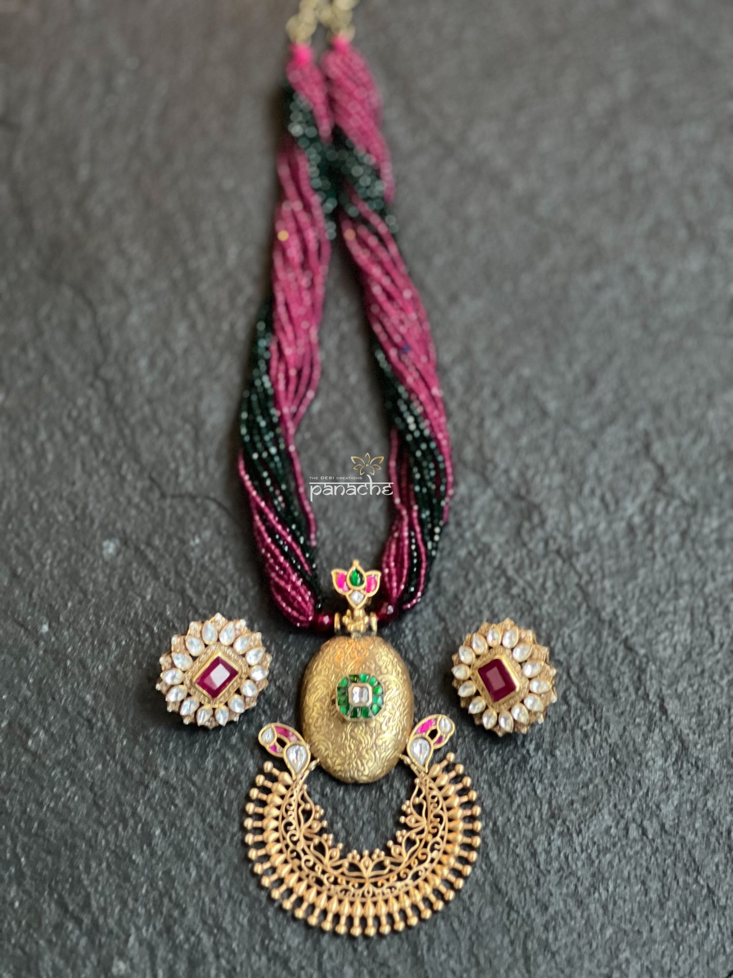 Silver 92.5 Beaded Necklace - Gold Kundan