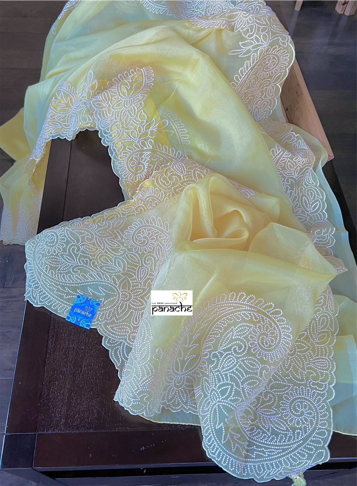 Designer Organza - Light Lemon Yellow Embroidered