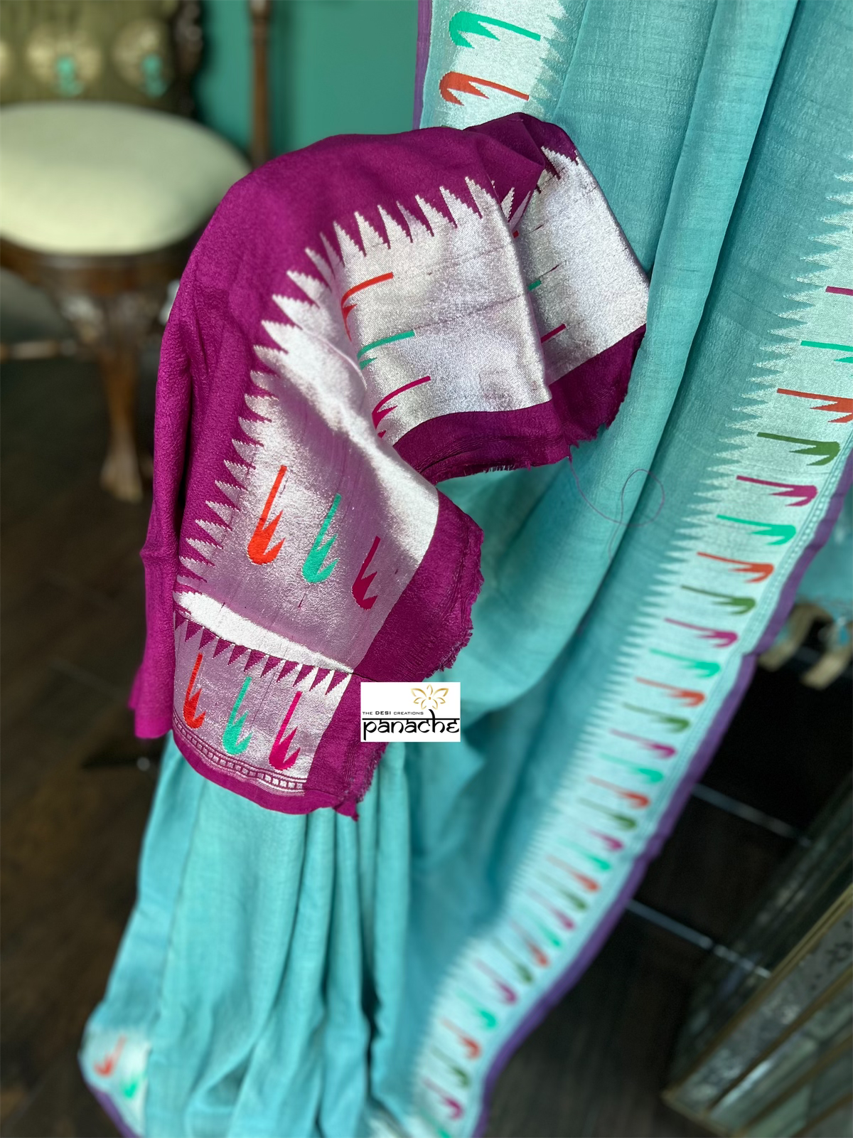 Tussar Georgette Banarasi- Teal Blue Grey Antique Silver