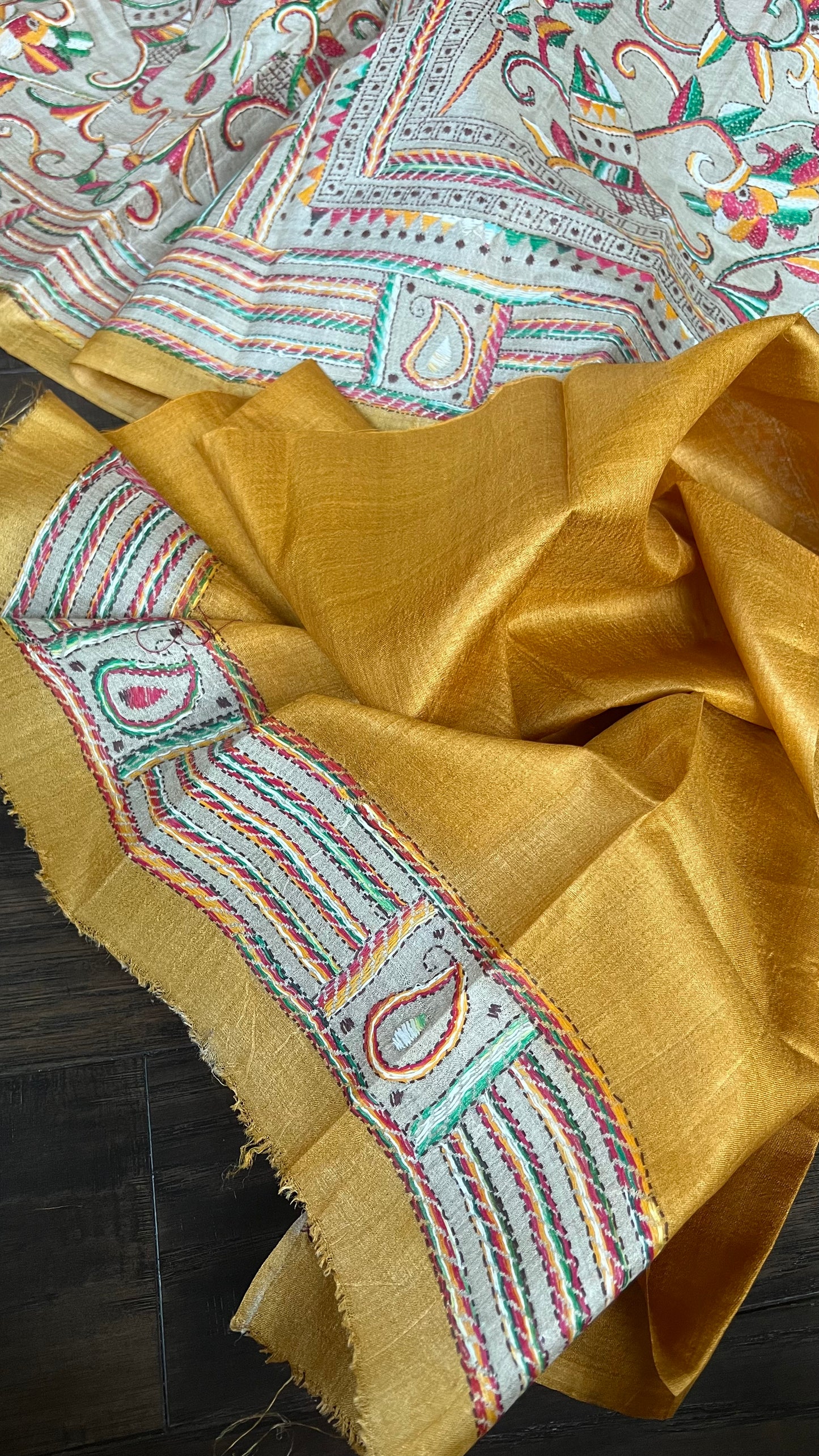 Pure Tussar Silk Kantha Stitch - Yellow Fish