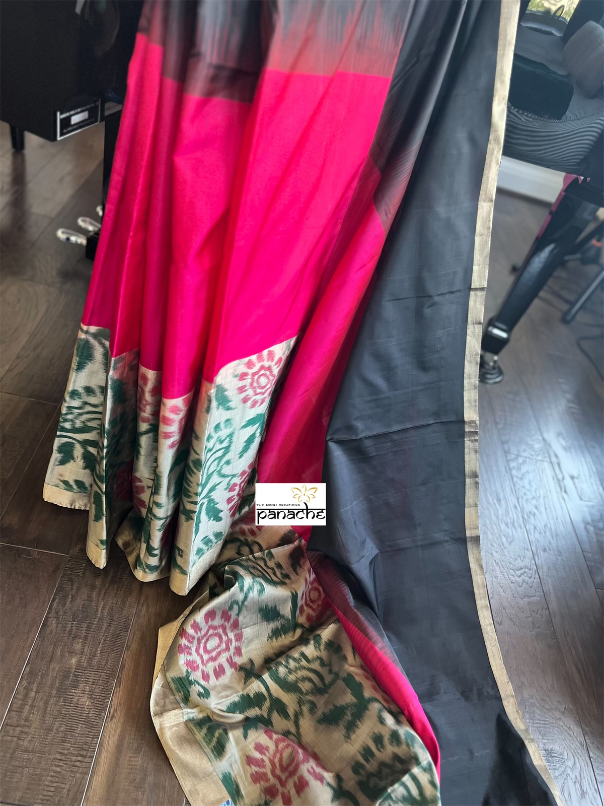 Pure Silk Kanjivaram - Black Magenta Ikat Woven