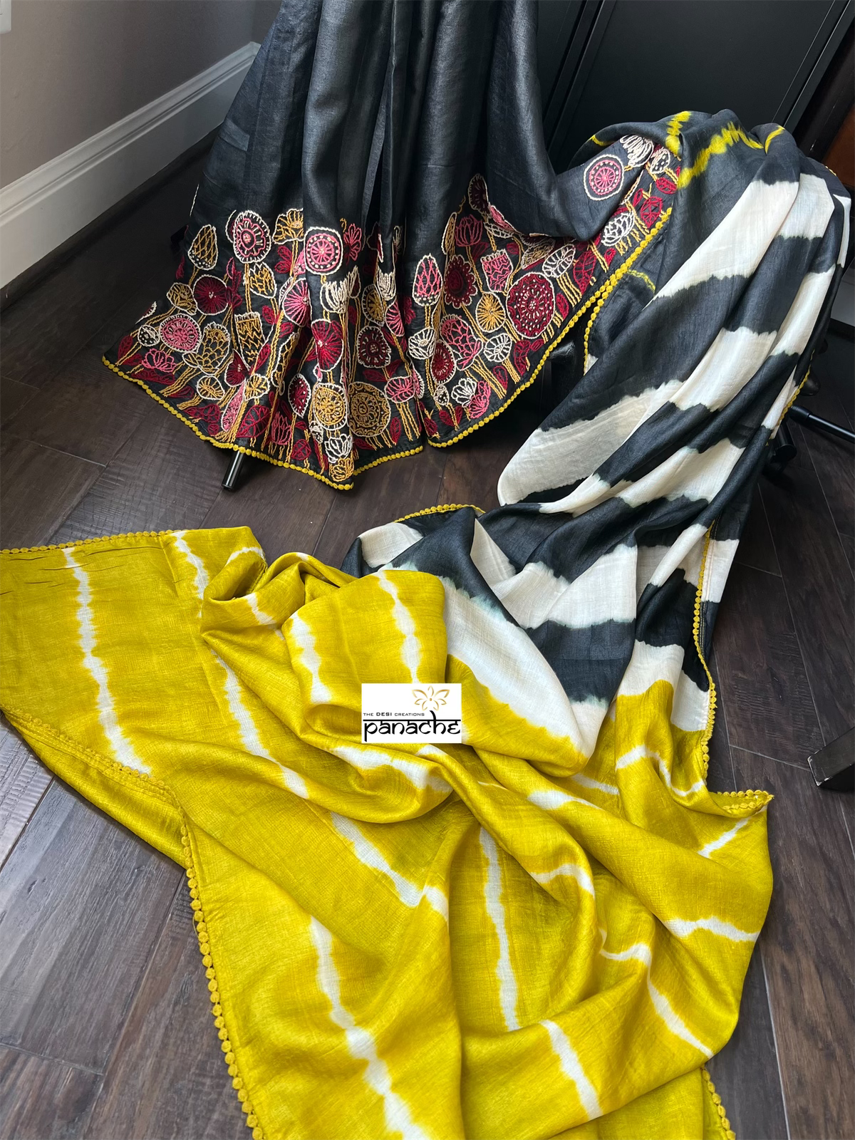 Pure Tussar Silk - Black Lime Yellow Embroidered