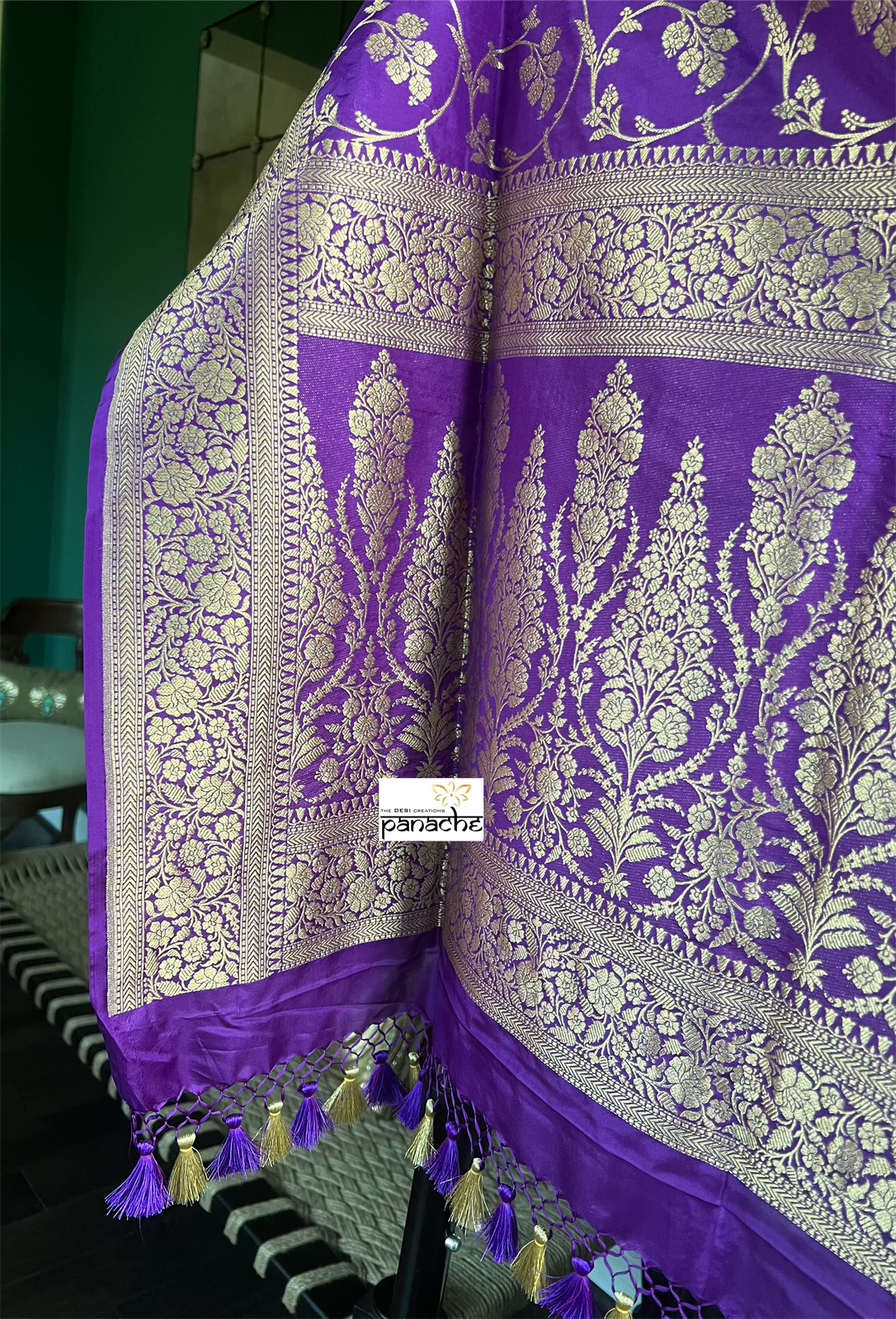 Katan Silk Banarasi - Purple Jaal Woven