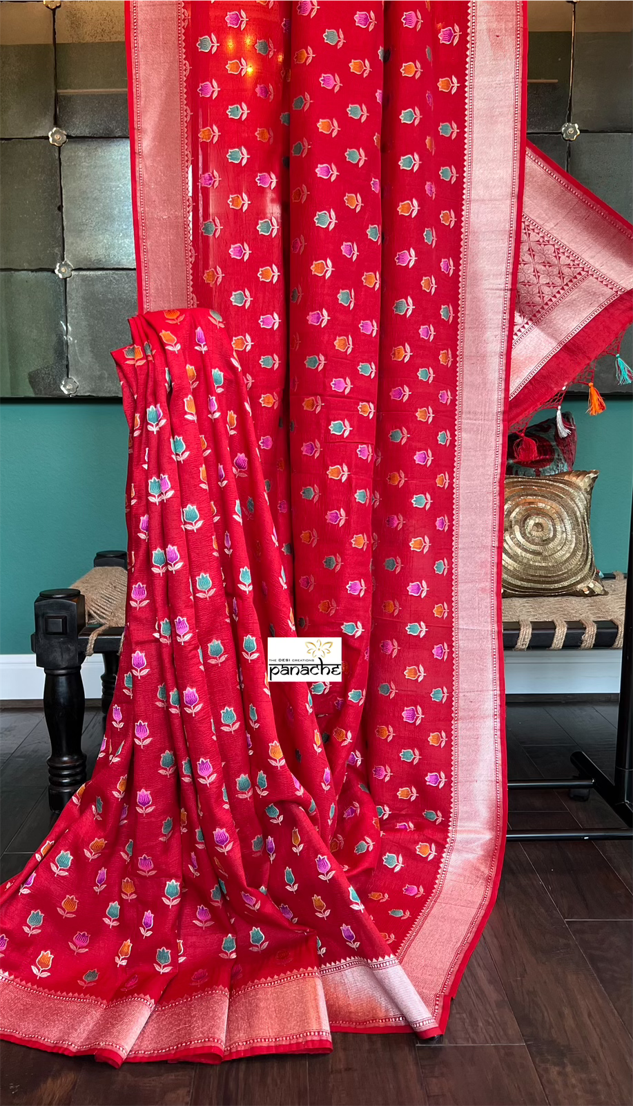 Tussar Georgette Banarasi - Red Mogra Tilfi