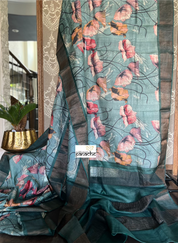 Pure Tussar Silk - Grey Blue Digital Printed