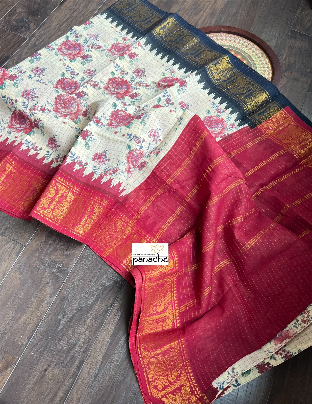 Madurai Cotton - Beige Maroon Black Floral