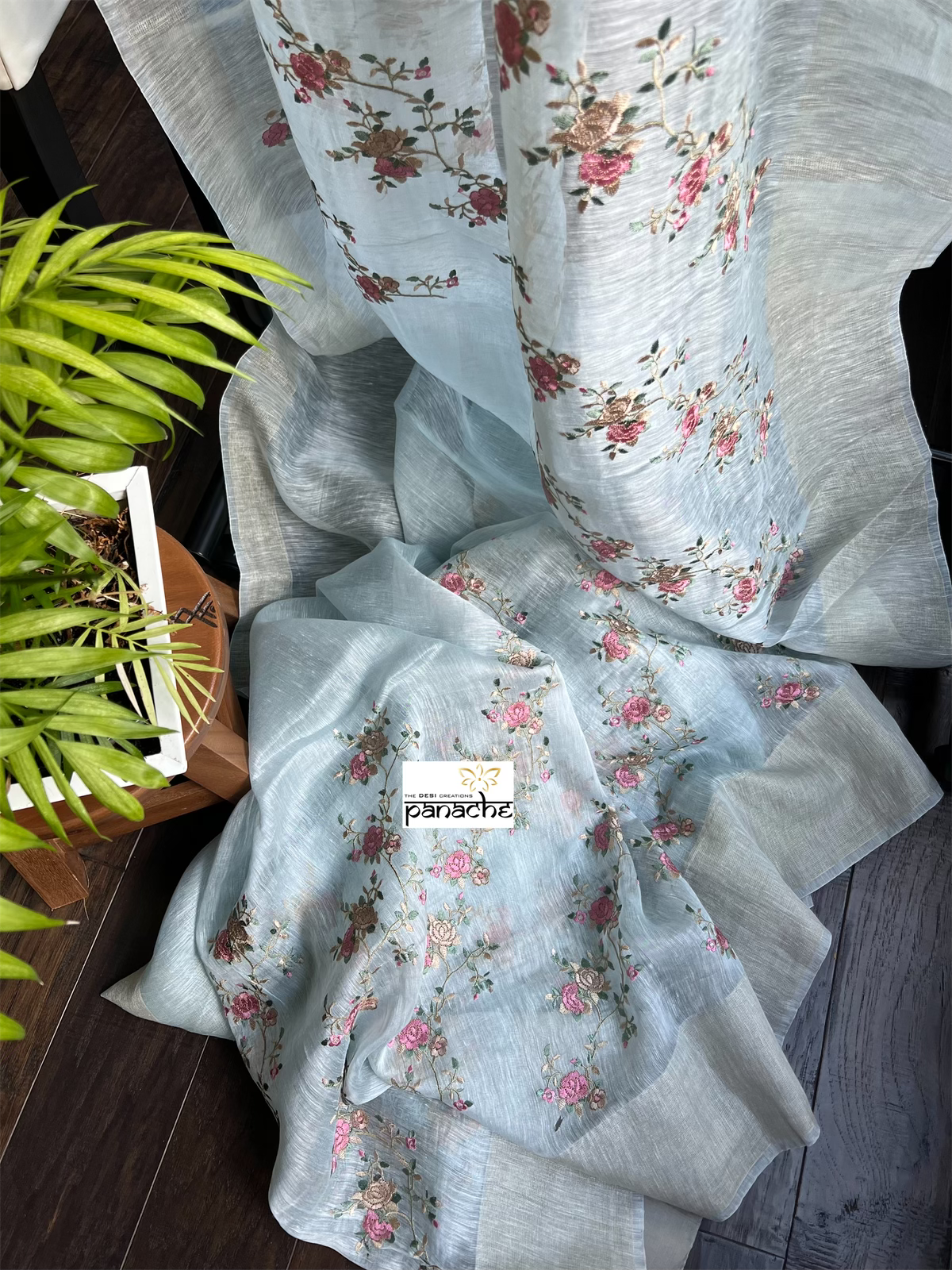 Embroidered Linen Silk- Light Blue