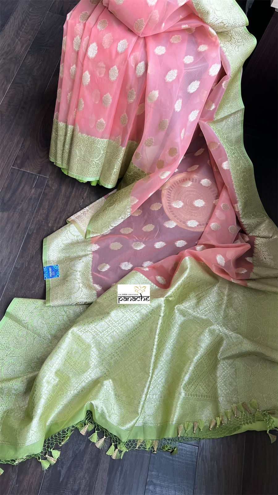 Kora Silk Banaras Chanderi - Peach Green