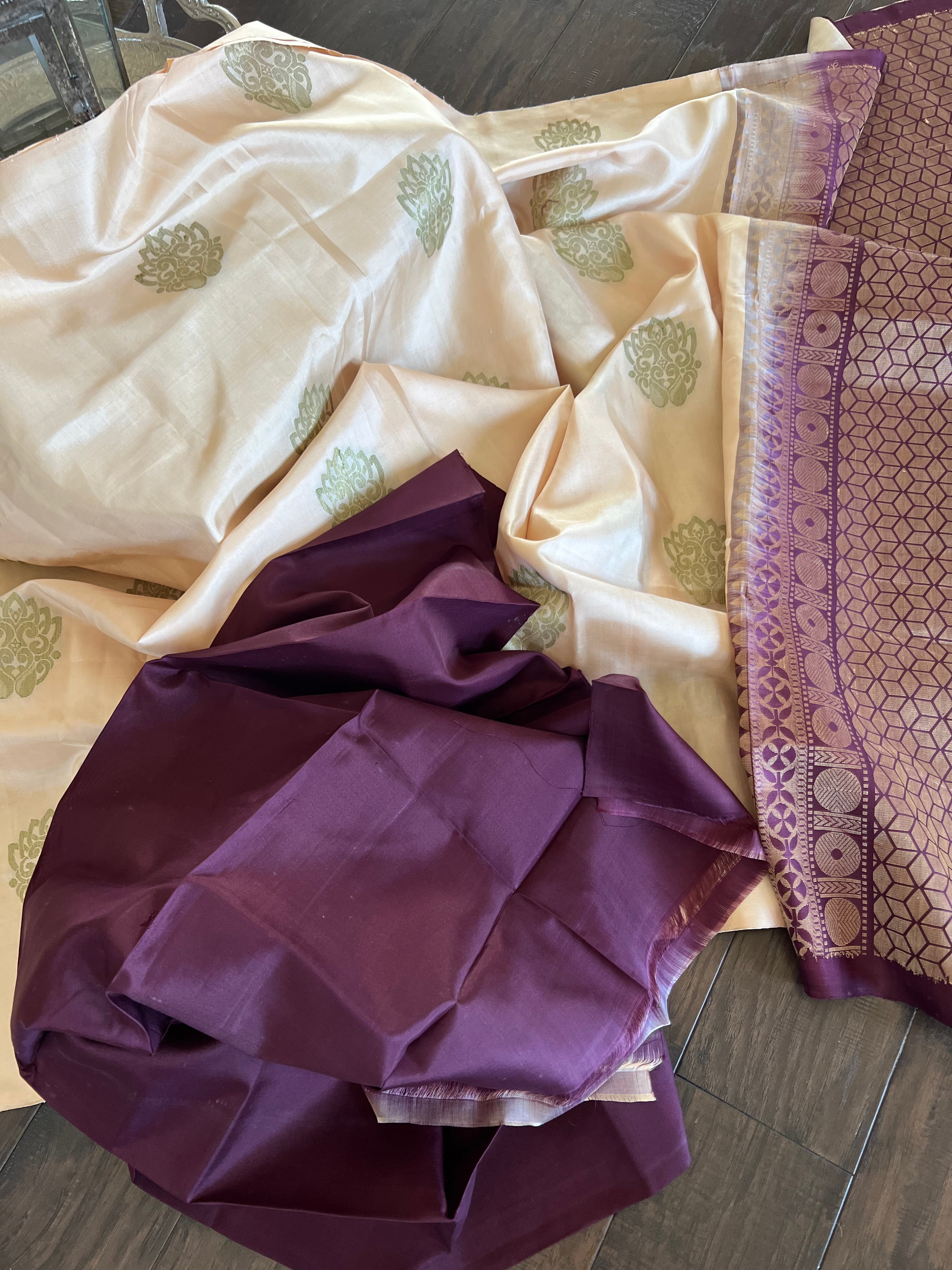 Pure Silk Kanjivaram - Light Peach Cream Wine