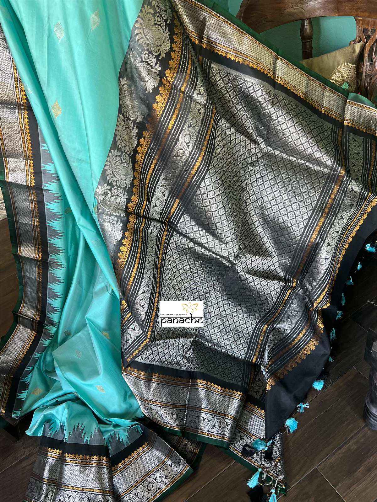 Pure Silk Gadwal - Turquoise Black